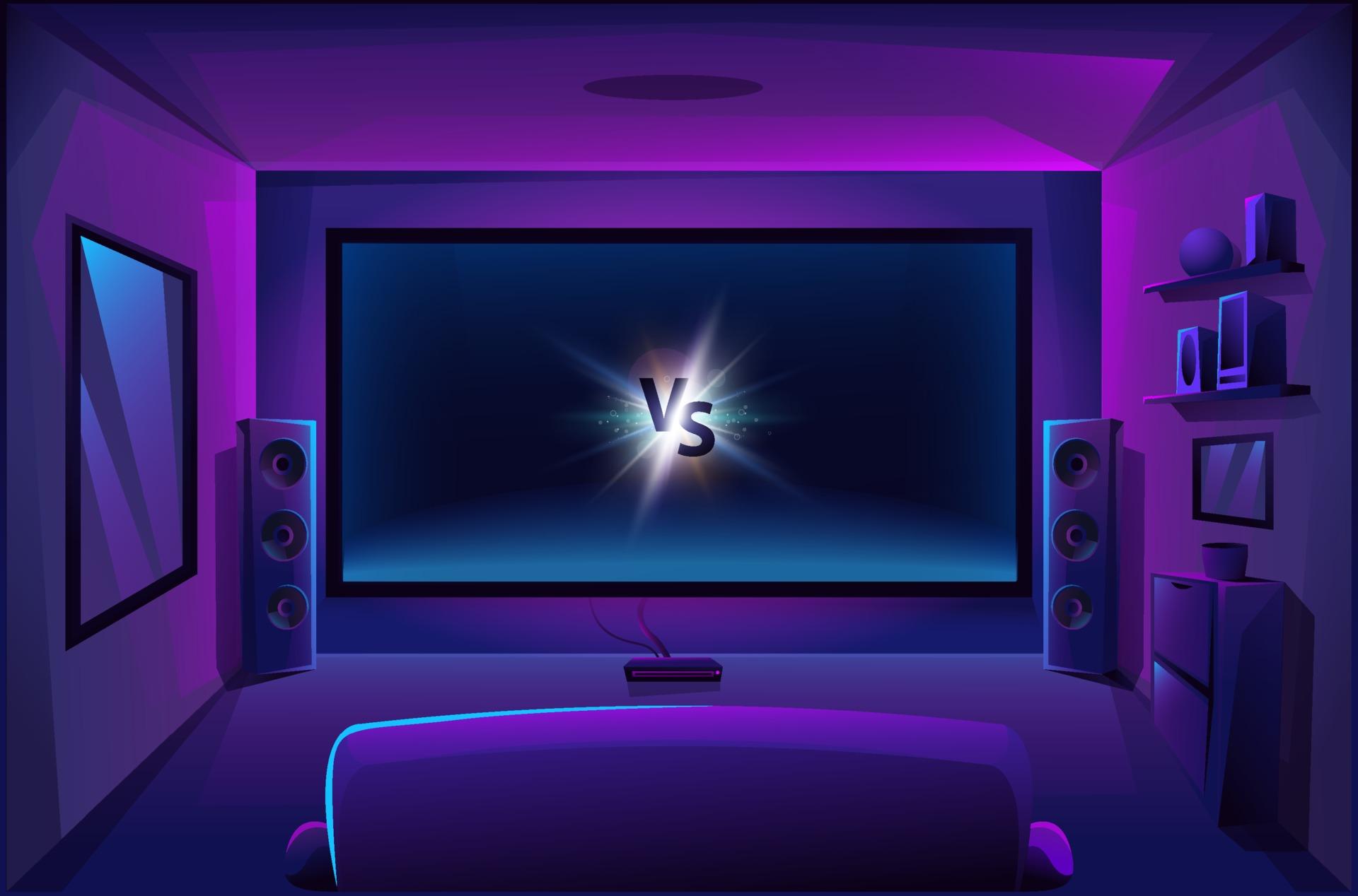 1920x1268 Home theater with big music speakers. Game room interior. Night apartment. Big TV screen. Vector illustration