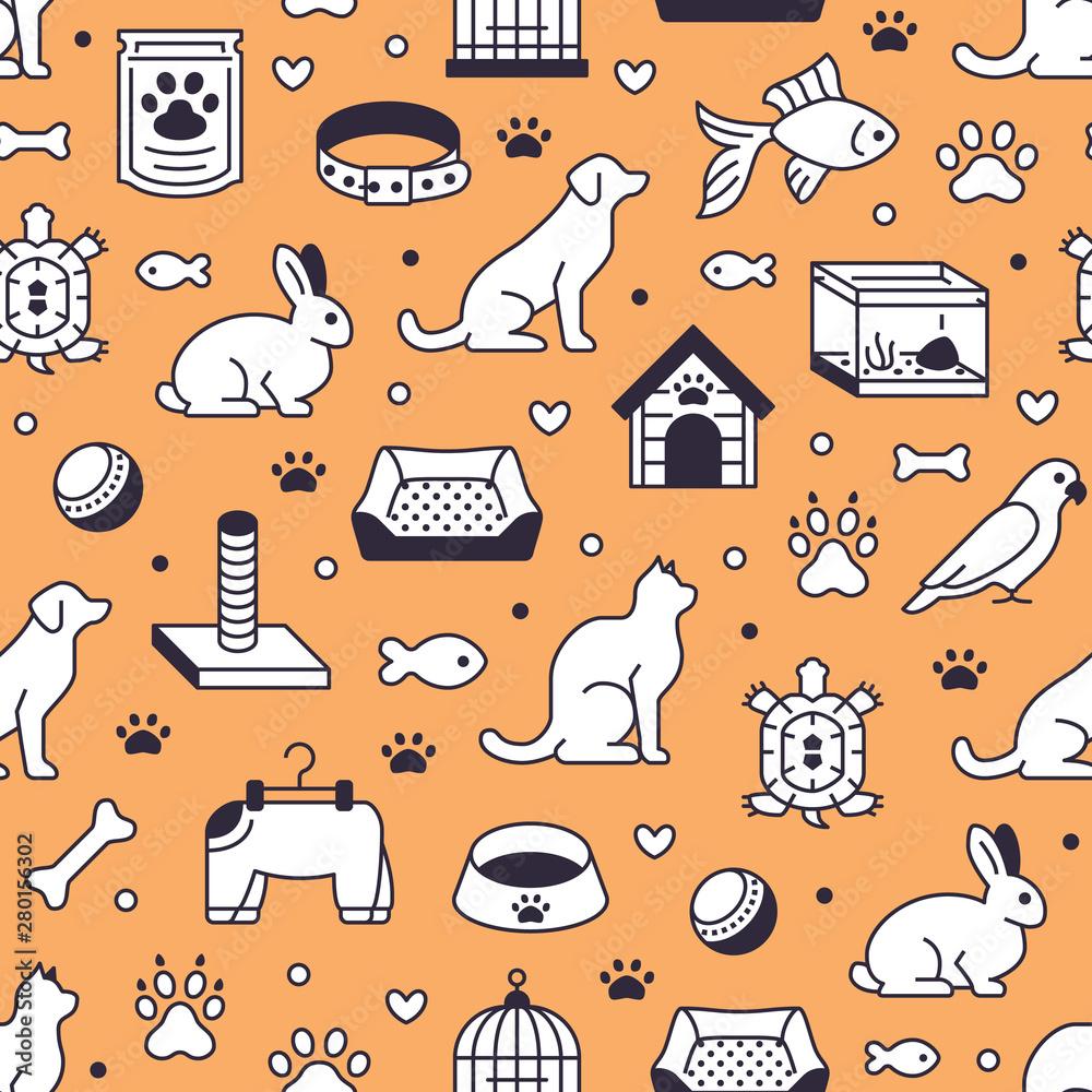 1000x1000 Pet shop vector seamless pattern with flat line icons of dog house, cat food, bird cage, rabbit, fish aquarium, animal paw. Black white orange color background, wallpaper for veterinary clinic Stock Vector