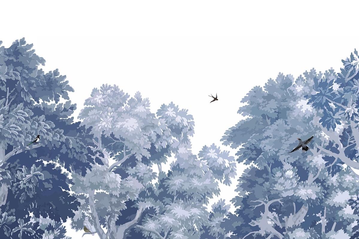1200x800 Dream Forest Wallpaper In Light Navy, Jungle Sketch Wall Mural In Light Navy Blue Color