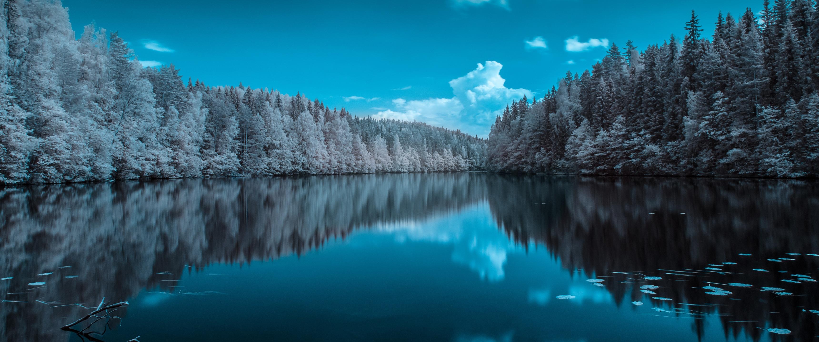 3440x1440 Forest Wallpaper 4K, Infrared vision, Blue Sky, Mirror Lake, Nature