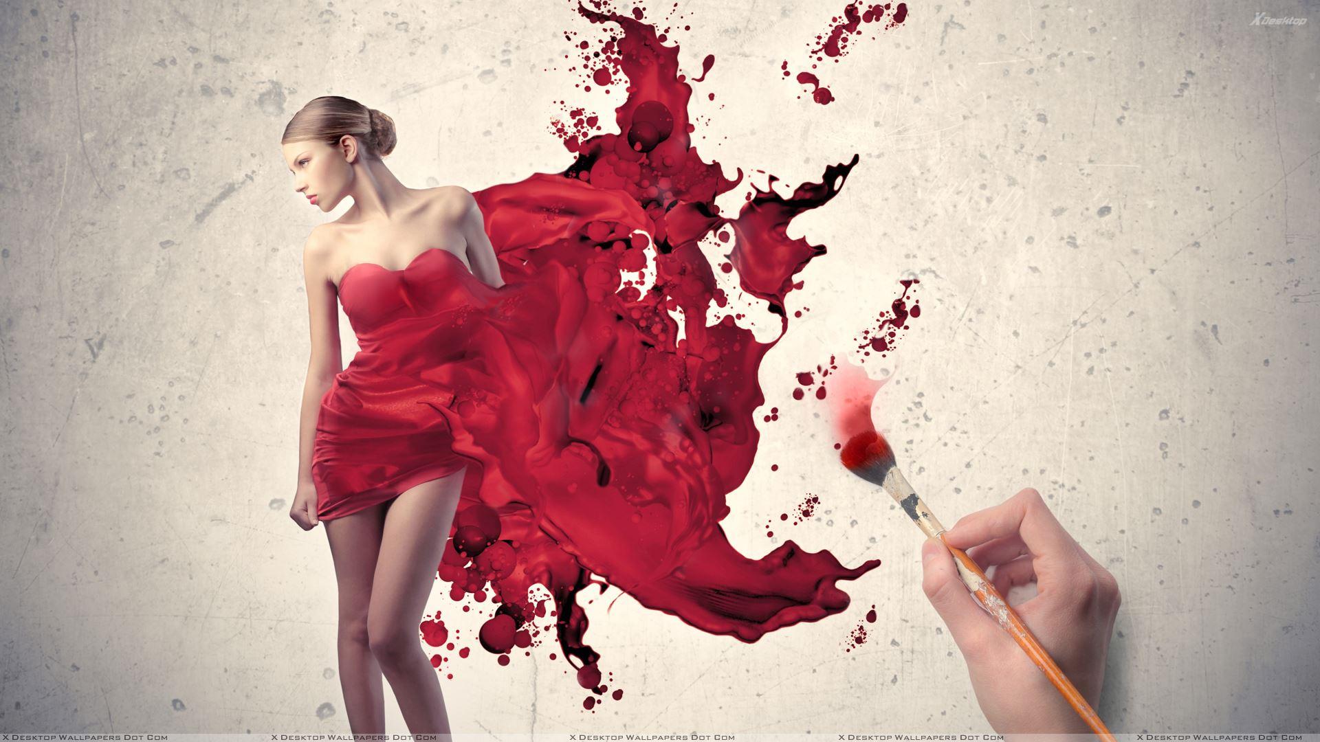 1920x1080 Artistic Girl In Red Dress Wallpaper