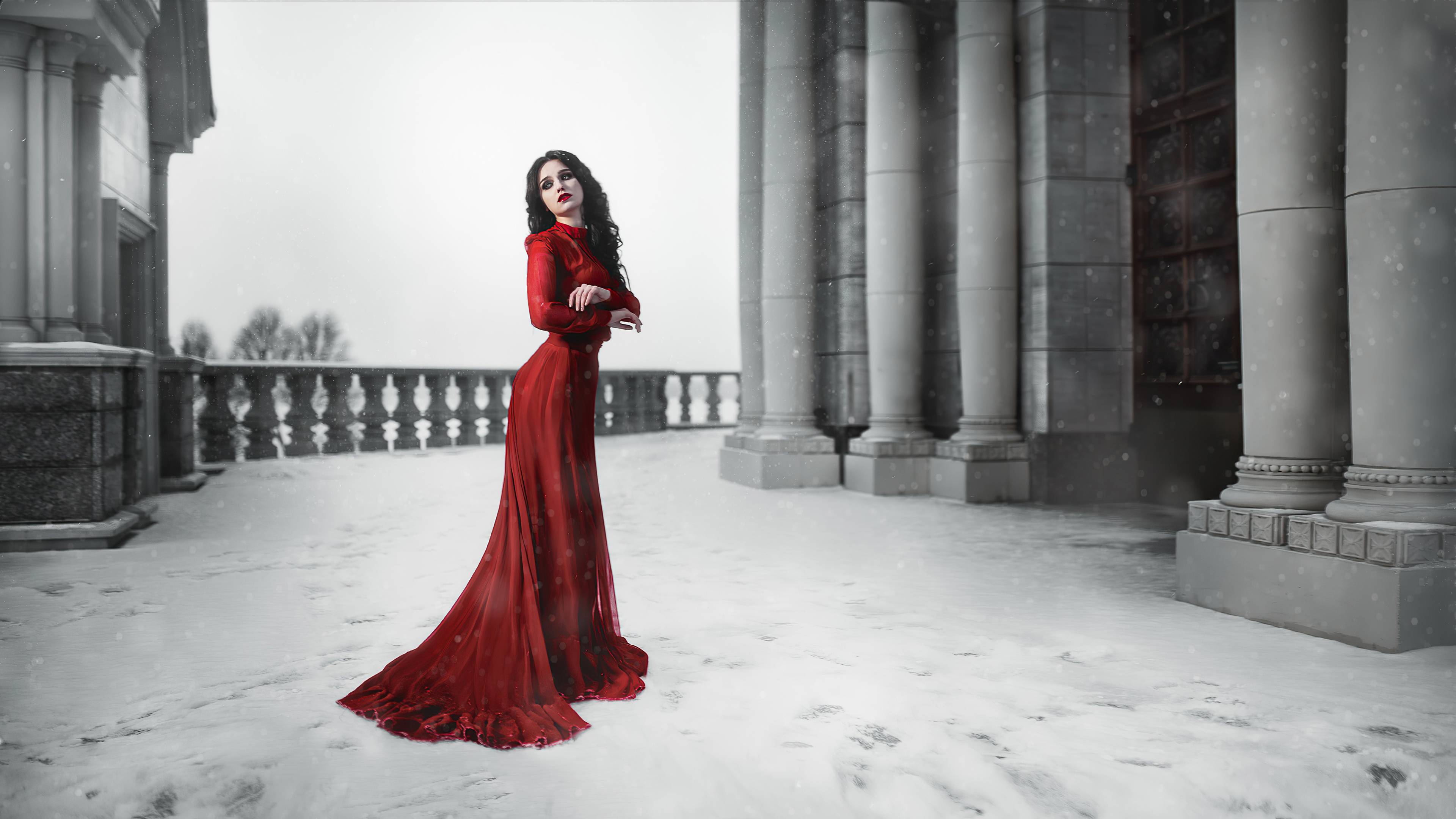 3840x2160 Girl Red Dress Snow Photohoot, HD Girls, 4k Wallpaper, Image, Background, Photo and Picture
