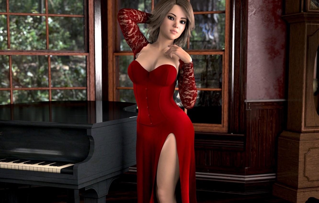 1332x850 Wallpaper girl, pose, room, red dress image for desktop, section рендеринг