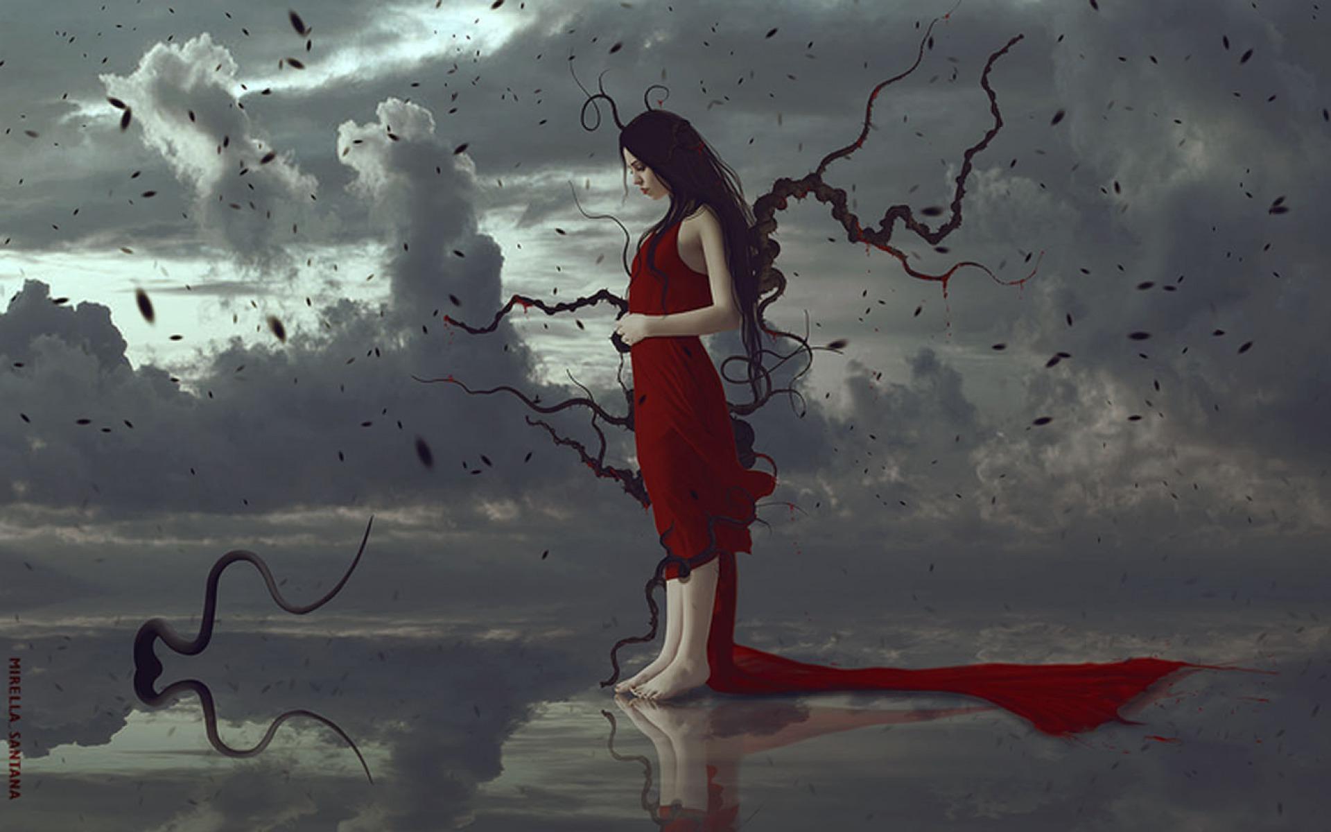 1920x1200 Woman Red Dress Water Clouds desktop PC and Mac wallpaper