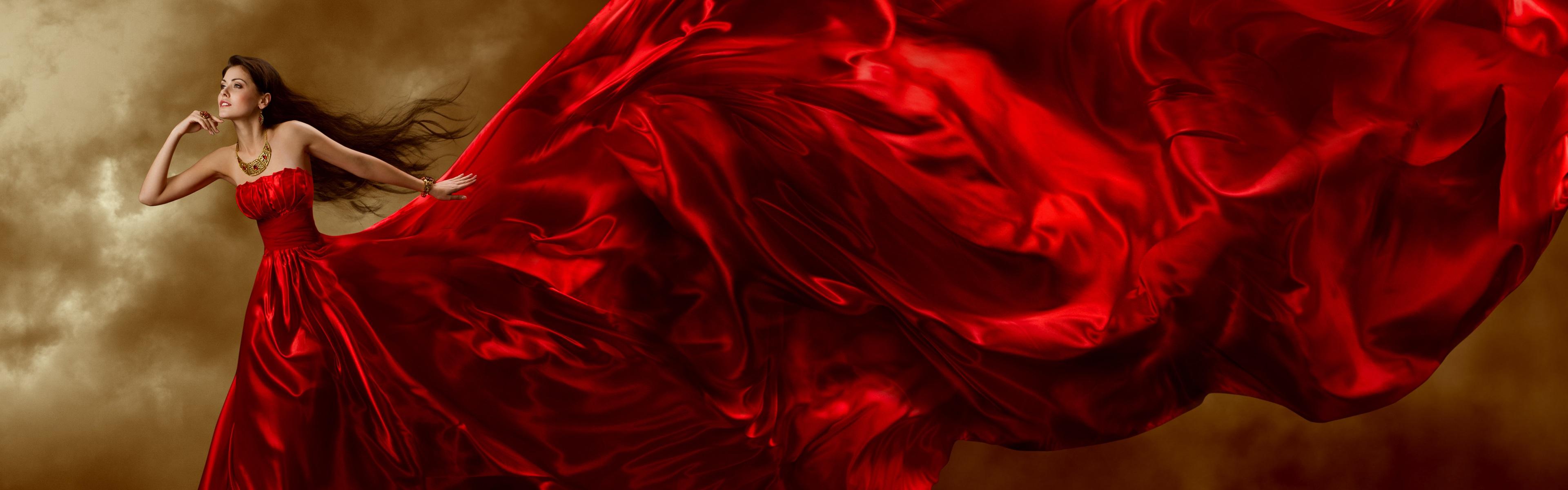 3840x1200 Wallpaper Beautiful red dress girl, jewelry, long hair, curls, art posture 3840x2160 UHD 4K Picture, Image