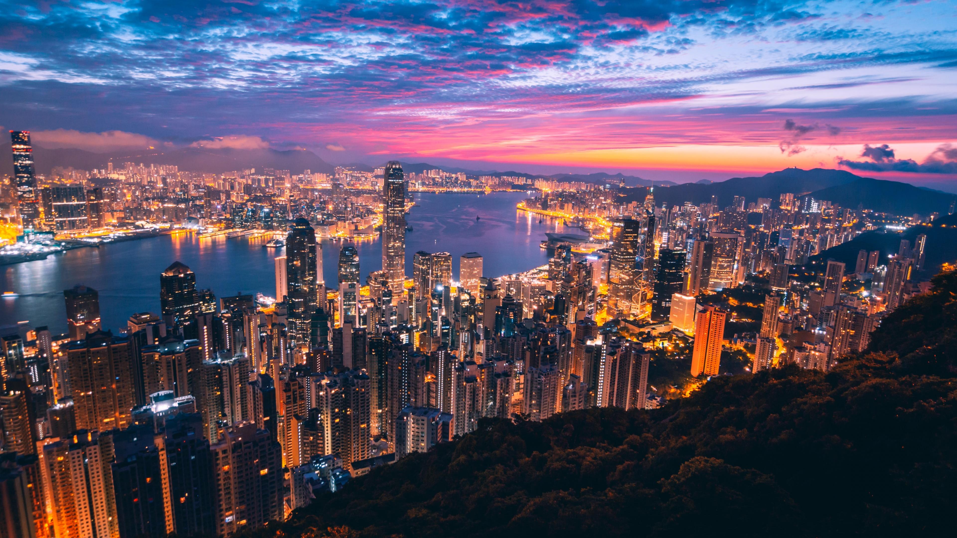 3840x2160 Hong Kong Wallpaper 4K, Cityscape, Night, City lights, Metropolitan, World