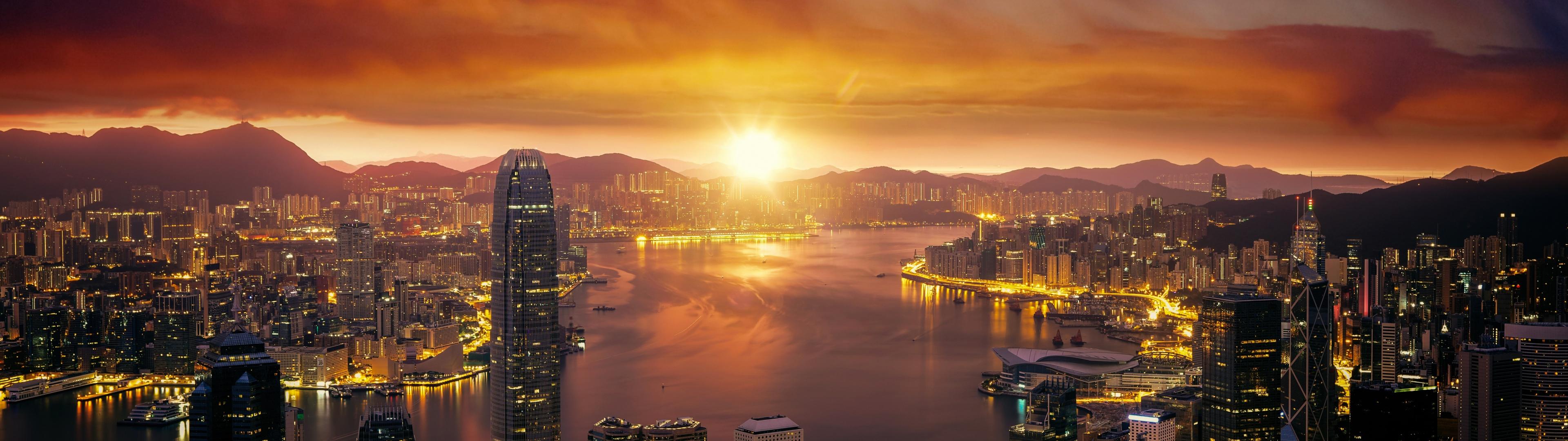 3840x1080 Hong Kong Wallpaper 4K, Cityscape, Sunrise, City lights, Skyline, 5K, World