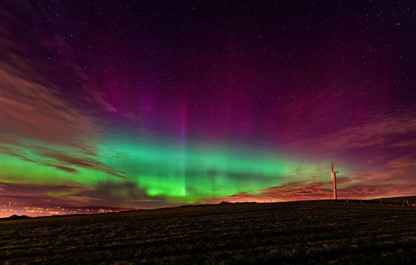 1332x850 Wallpaper sky, night, stars, Ireland, northern lights, aurora borealis, wind turbine, Strabane image for desktop, section пейзажи