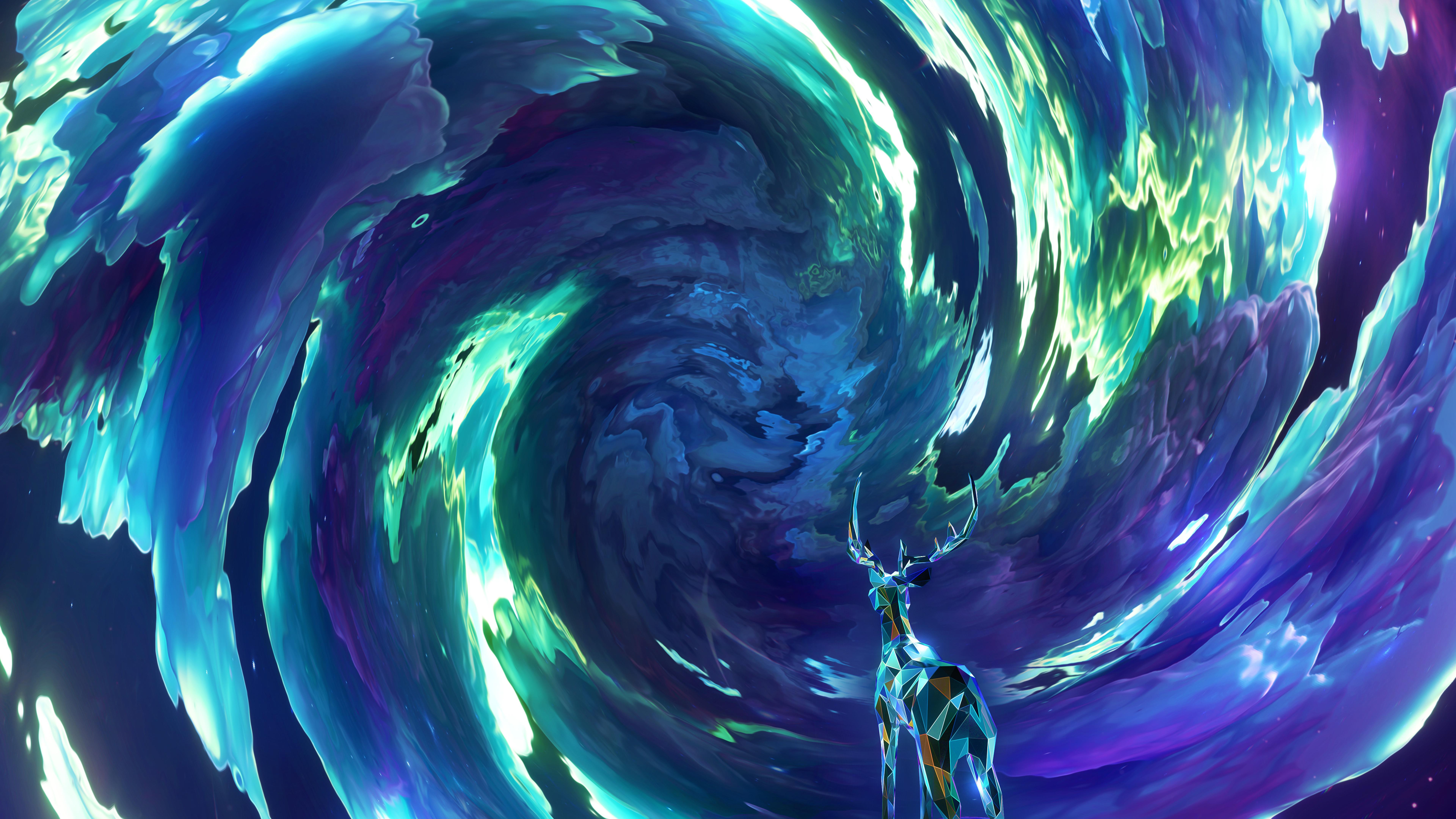 7680x4320 Deer Wallpaper 4K, Surreal, Swirly background, Psychedelic, Clouds, Abstract