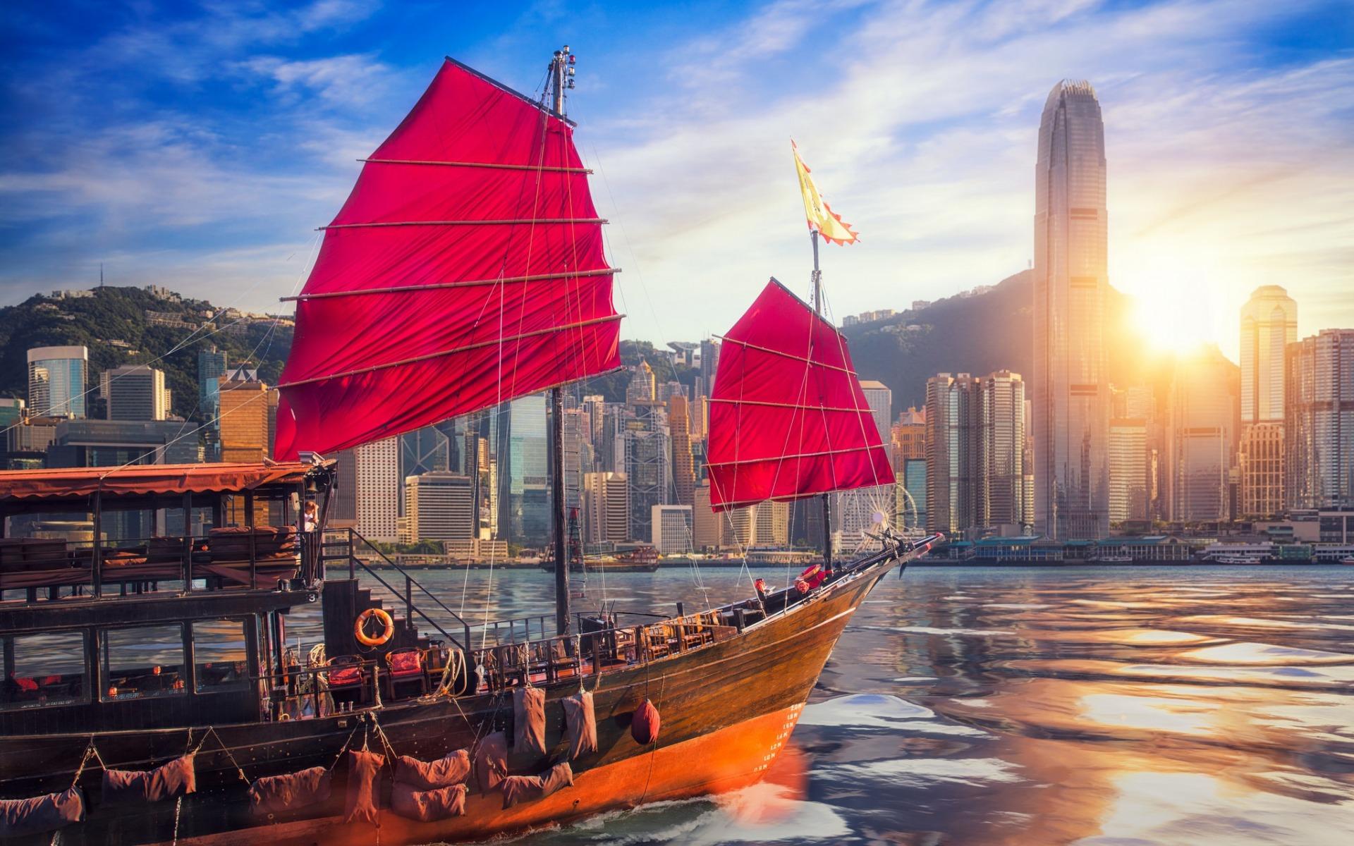 1920x1200 Download wallpaper Hong Kong, One Island East, Victoria Harbour, Chinese ship, sunrise, red sails, skyscrapers, China for desktop with resolution 1920x1200. High Quality HD picture wallpaper