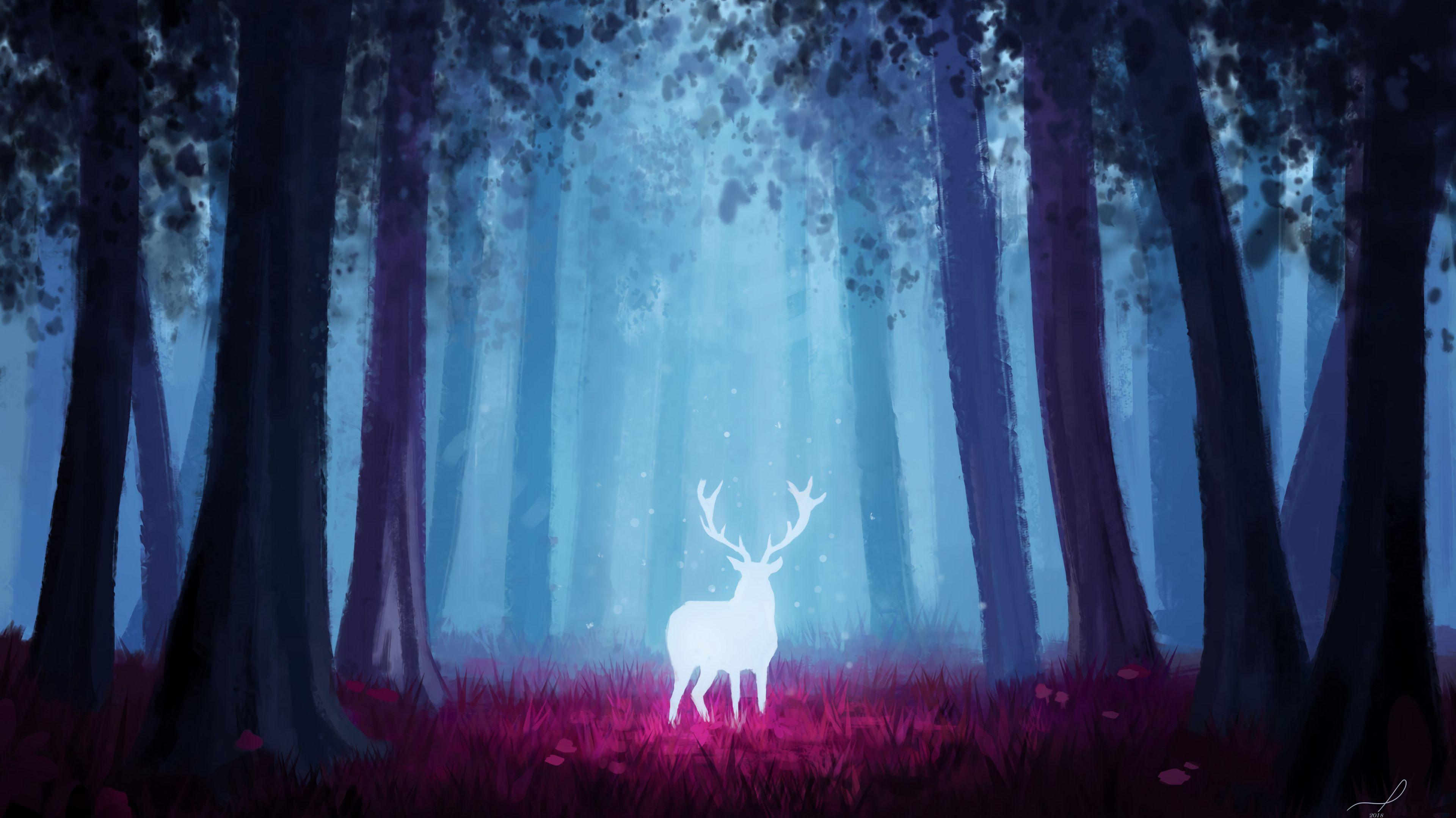 3840x2160 Wallpaper / deer, forest, art, light, glow, 4k free download