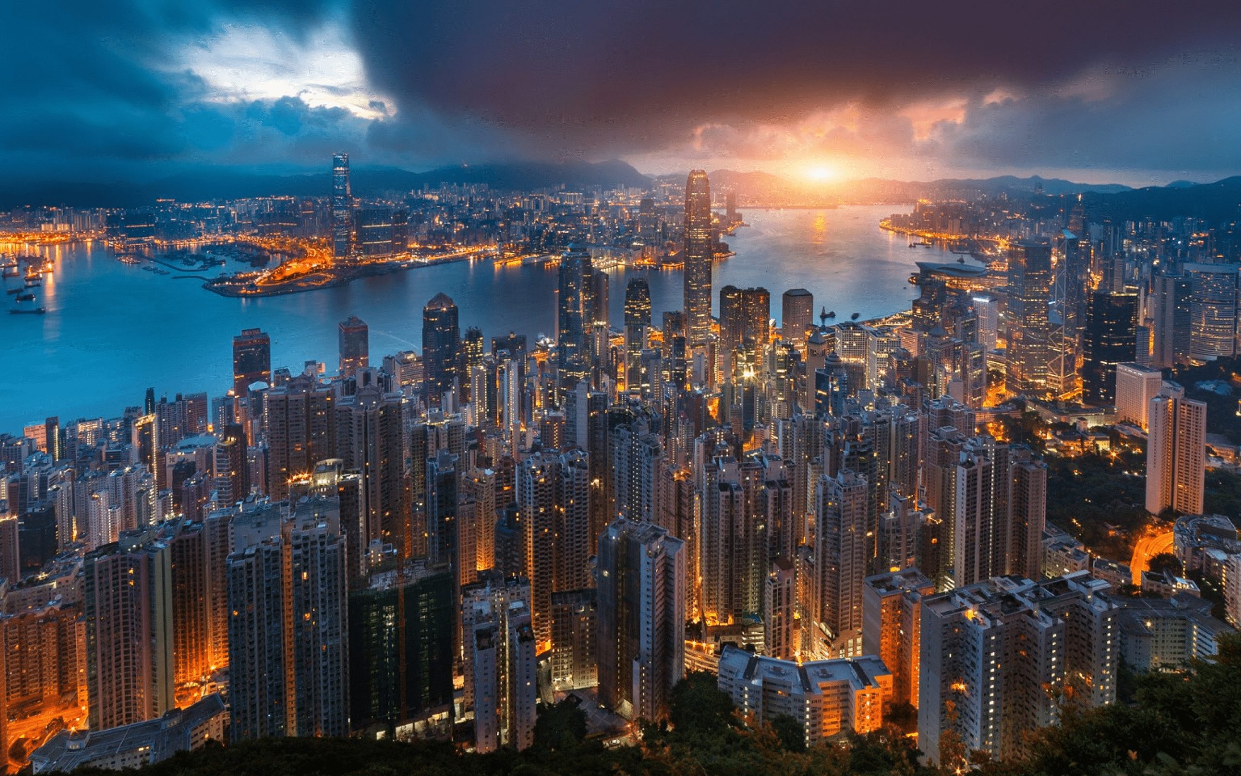 2560x1600 Download 2560x1600 Hong Kong, city, Victoria Harbour, morning, sunrise, skyscrapers Wallpaper