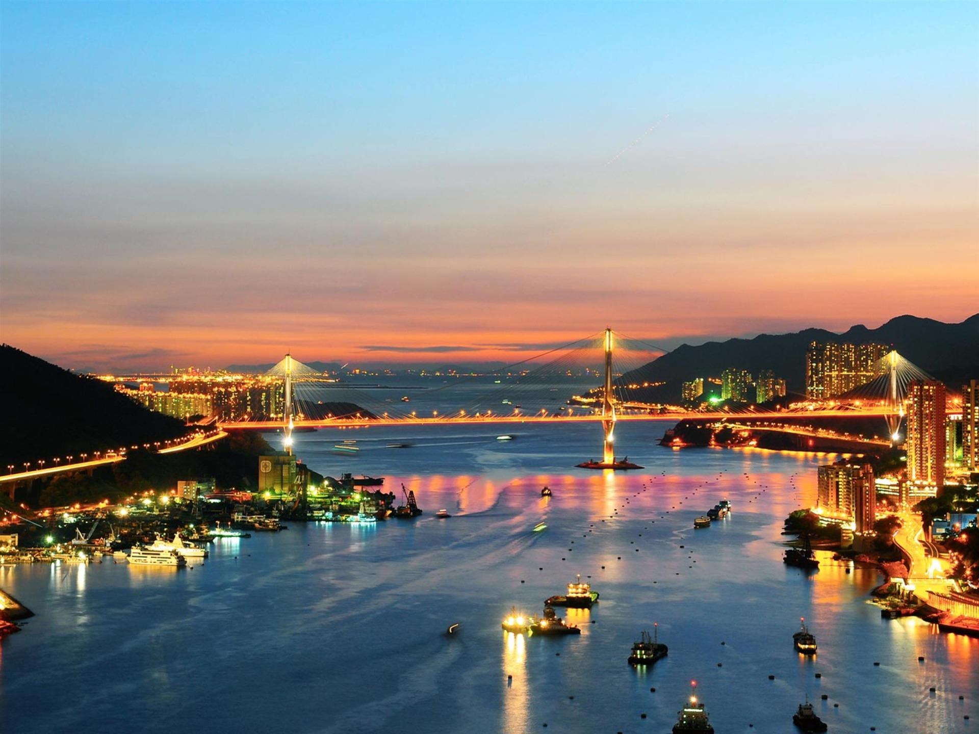 1920x1440 Hong Kong Sunset Lights Bridge China Architectural Scenery Wallpaper
