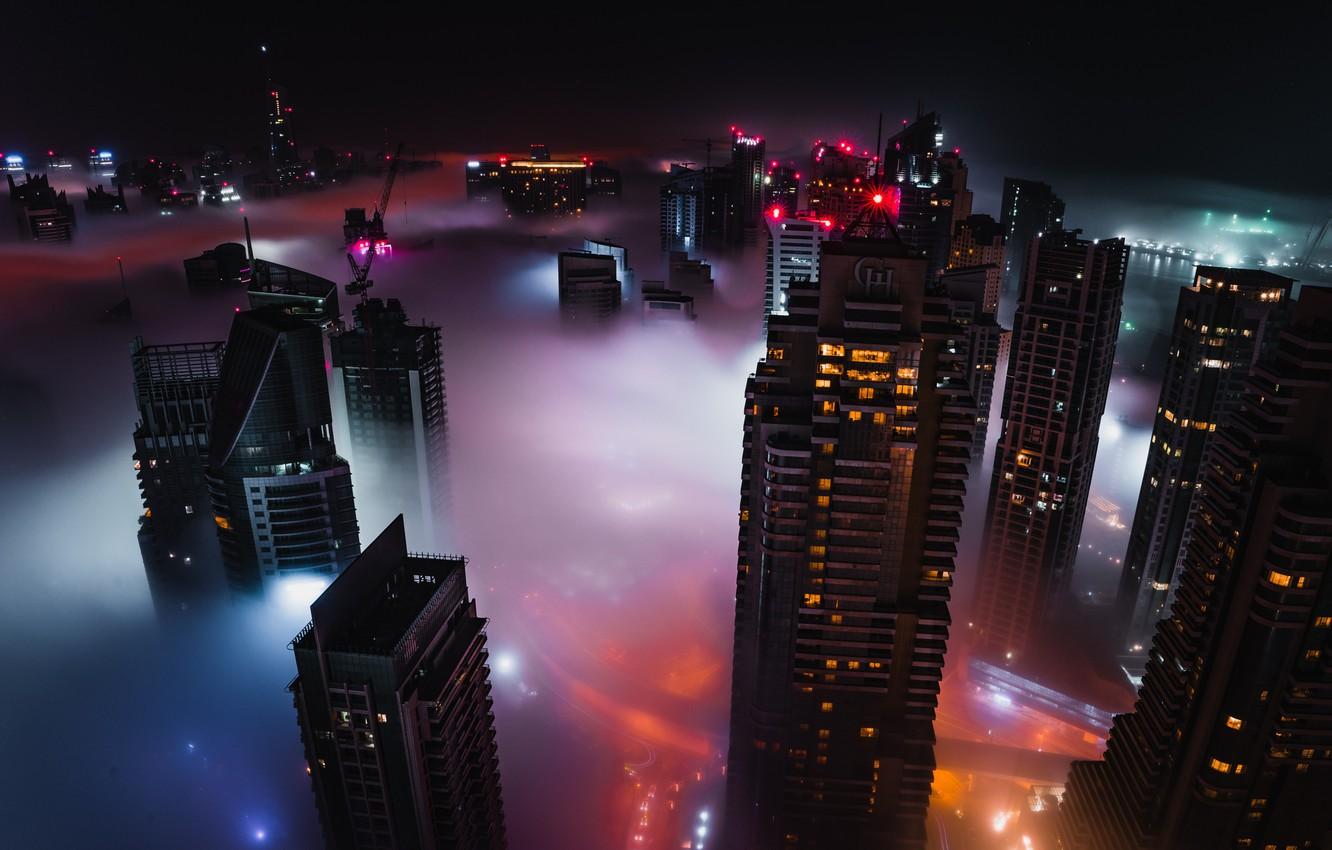 1332x850 Wallpaper city, lights, Dubai, night, buildings, skyscrapers, cityscape, UAE, mist, United Arab Emirates image for desktop, section город