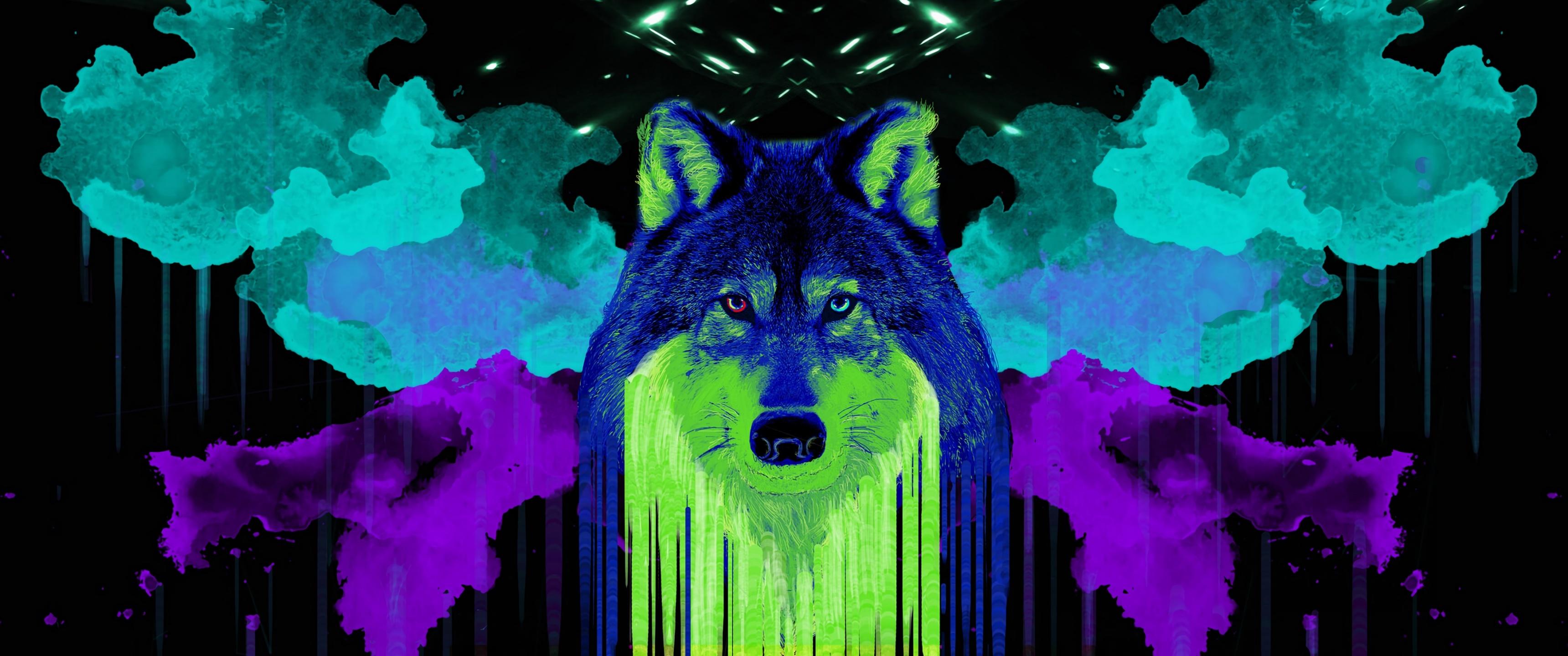 3440x1440 Wolf Wallpaper 4K, Artwork, Neon, Graphics CGI