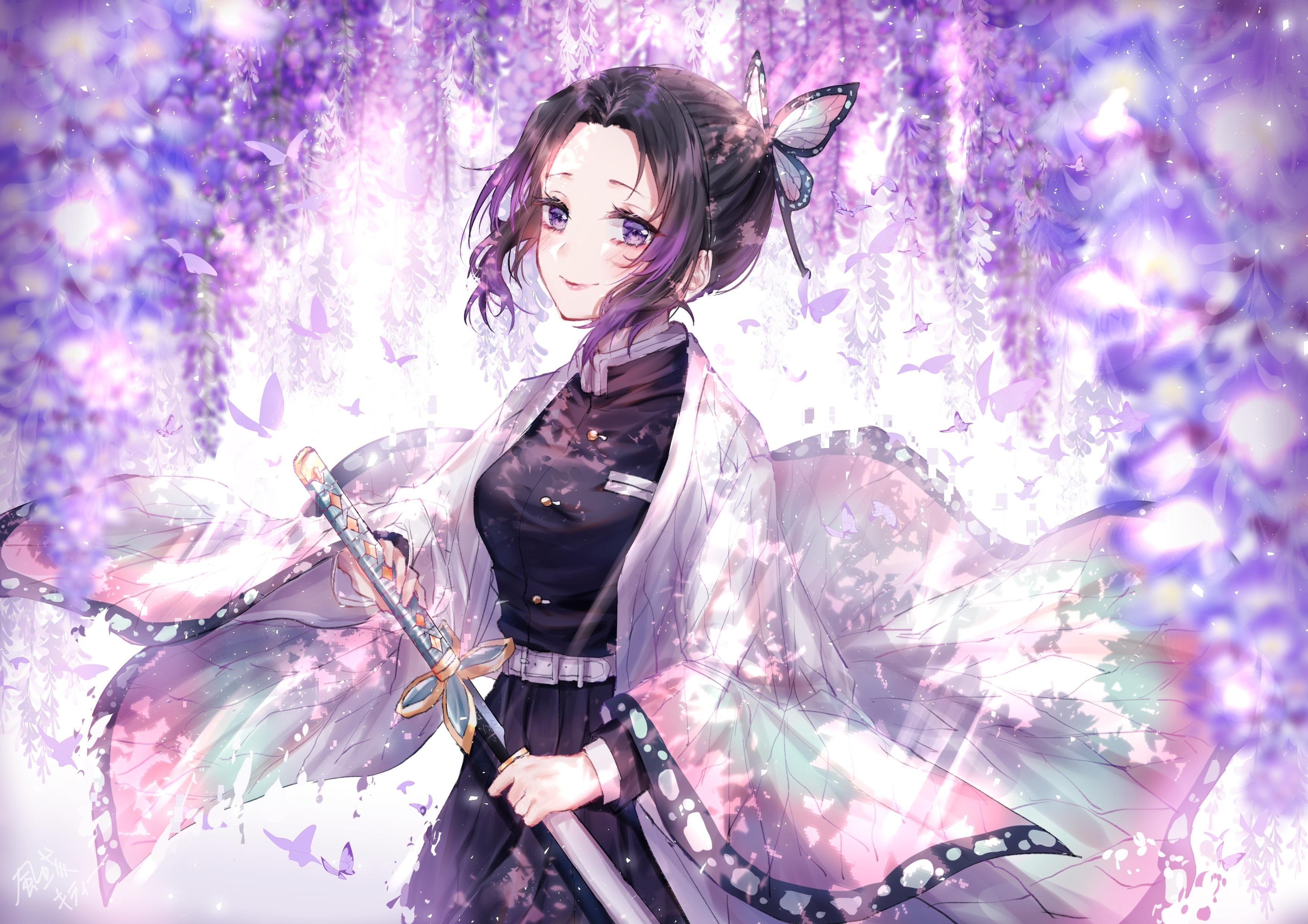 3508x2480 Download 1080x2310 Kochou Shinobu, Demon Slayer, Katana, Purple Flowers, Kimetsu No Yaiba, Butterfly Wallpaper for Honor View 20