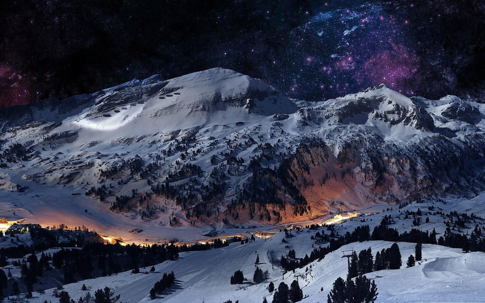 1680x1050 Wallpaper Nature, Sky, Snow, Winter, Starry Sky, Mountain • Wallpaper For You