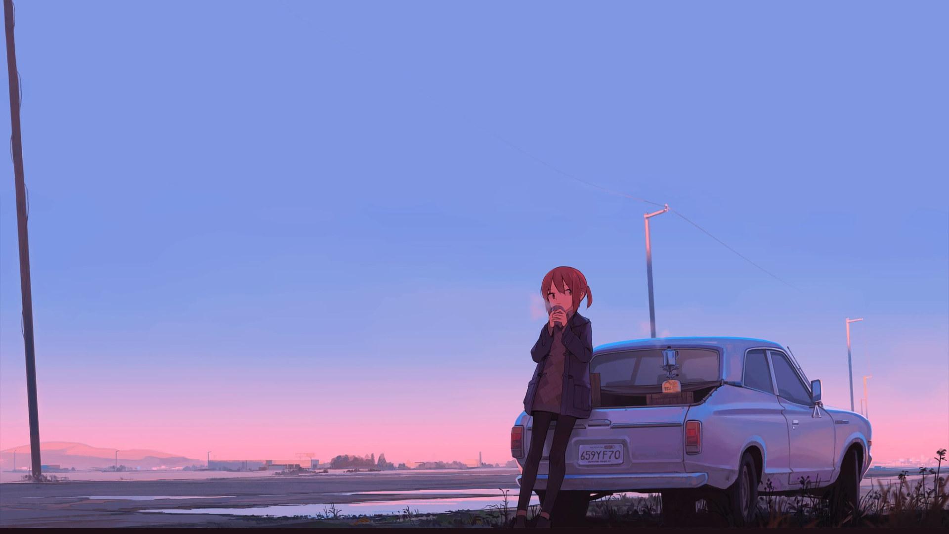 1920x1080 Female Anime Character Leaning On Silver Coupe Wallpaper, Car Wallpaper • Wallpaper For You