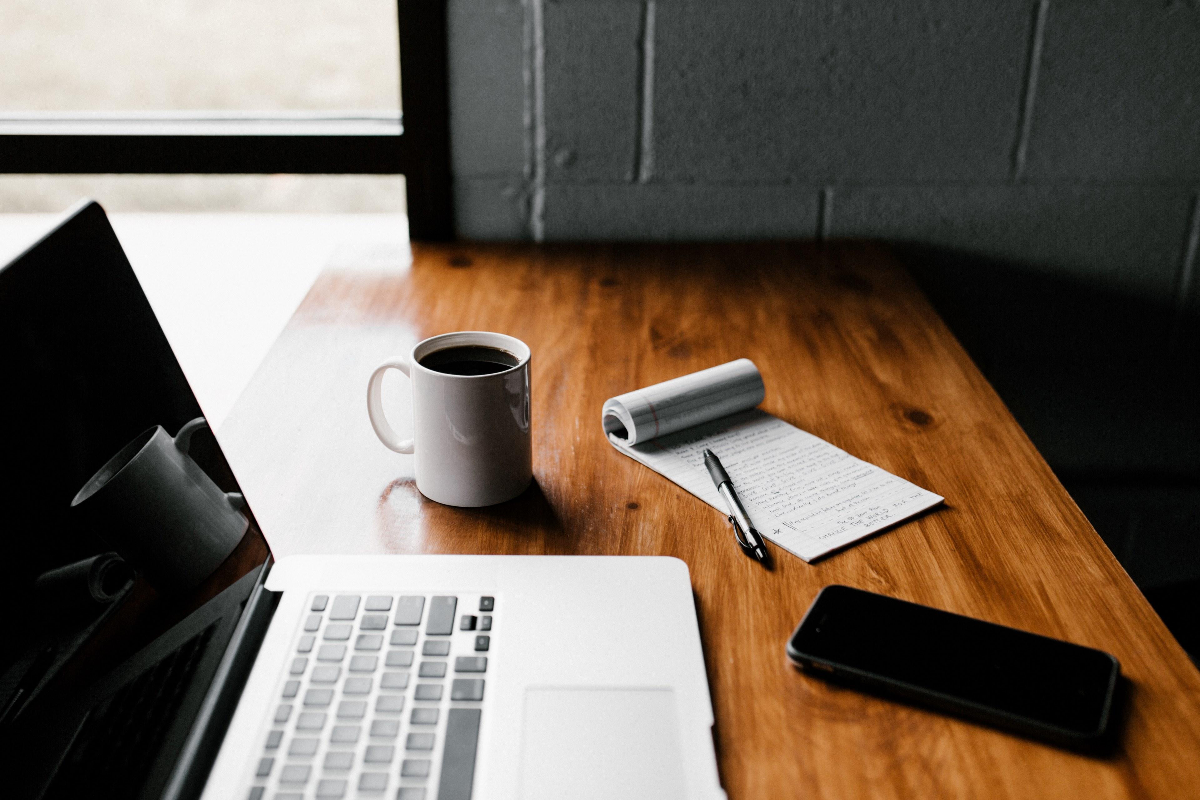 3840x2560 Wallpaper / a flatlay with a laptop a notepad a smartphone and a mug of coffee, hard work 4k wallpaper free download