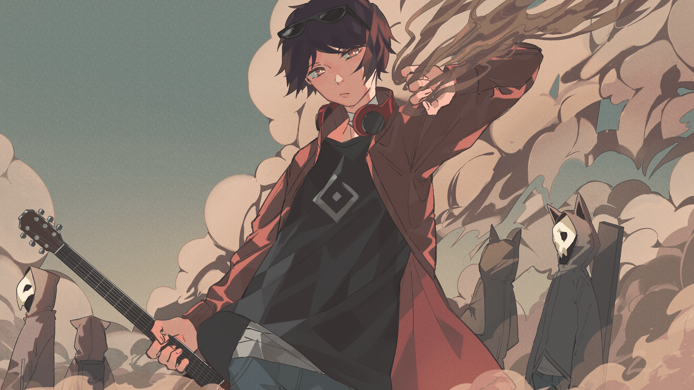 2400x1350 Wallpaper / Utaite, Male, dust, Dust cloud, guitar, headphones, sunglasses, jacket, wind, brunette, brown eyes, mask, anime, Vocaloid free download