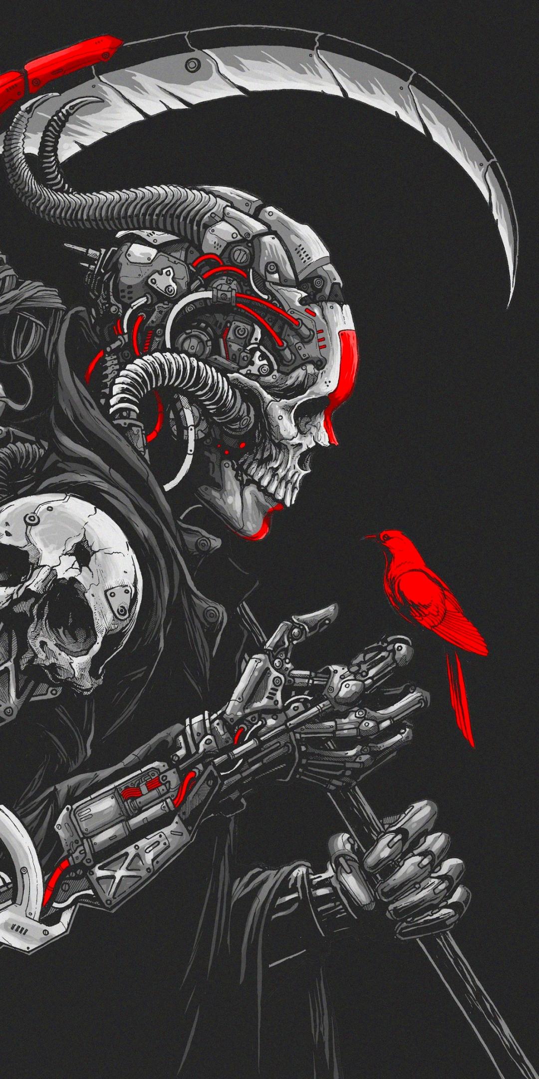 1080x2160 Robot Grim Reaper with Red Bird