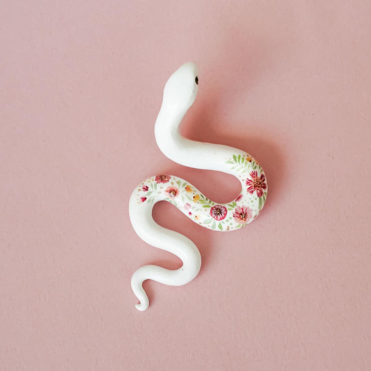 1199x1200 White snake with pink flowers figurine handmade Animal Totem polymer clay miniature