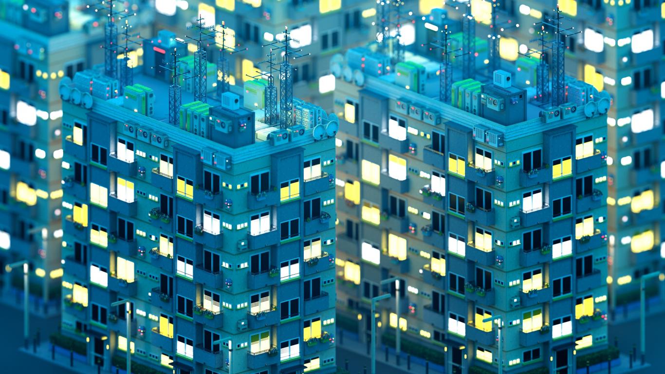 1366x768 Blue buildings modern city digital art wallpaper background