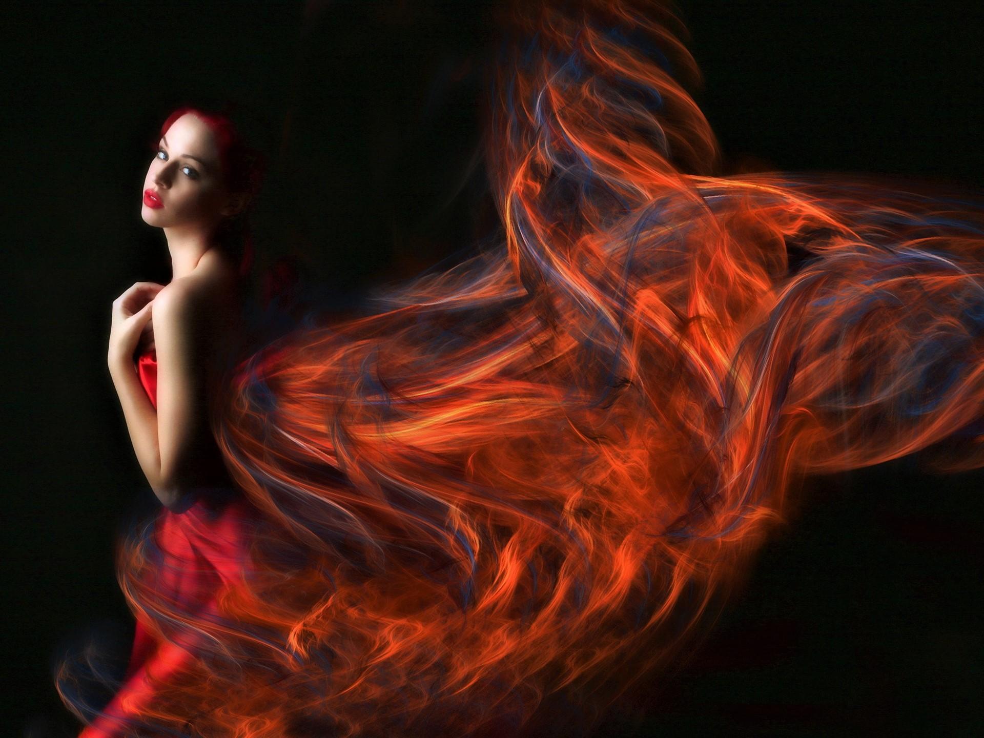 1920x1440 Red Haired Girl Surrounded By Orange And Black Smoke HD Wallpaper