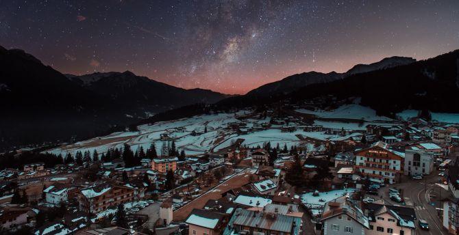 670x344 Wallpaper winter, city, aerial view, milky way, night desktop wallpaper, HD image, picture, background, 50b895