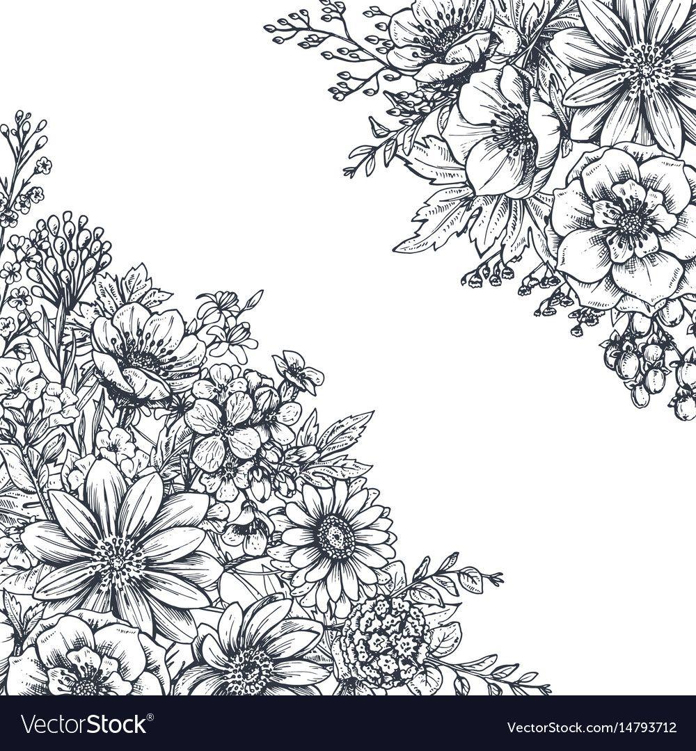 1000x1080 Floral background with hand drawn flowers and plants. Monochrome vector illustration in sketch style. D. Flower drawing, Hand drawn flowers, Flower line drawings