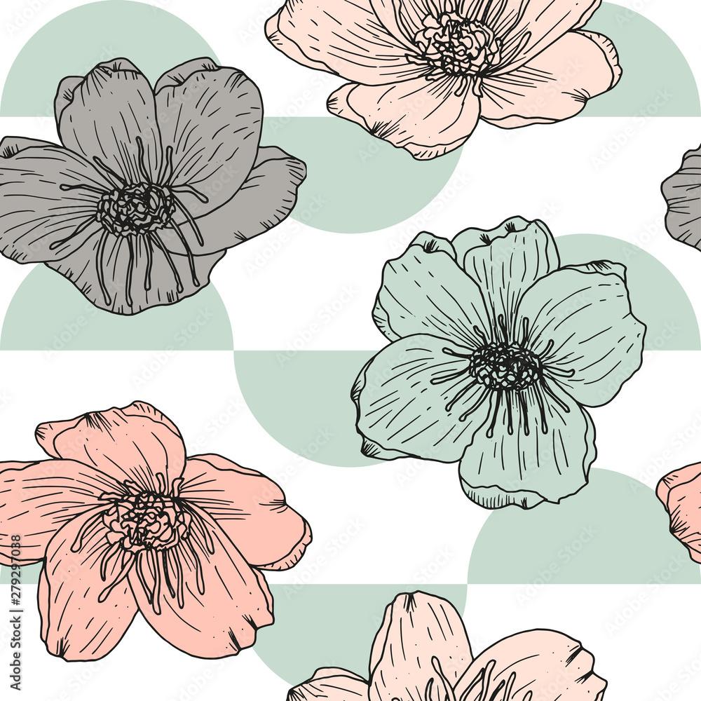 1000x1000 Stylized anemone or poppies flowers, vector seamless pattern. Hand drawn floral background in retro pastel colores and geometric shapes. Stock Vector
