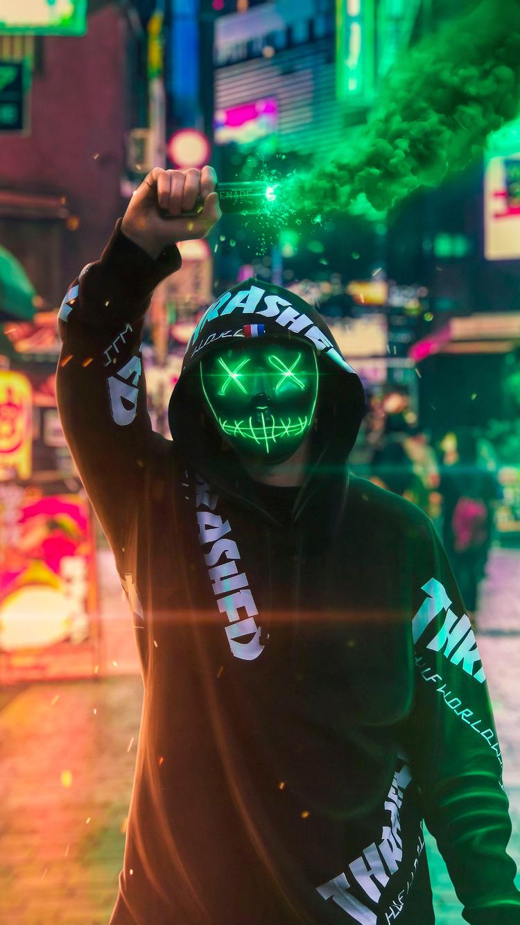 750x1334 Neon Mask Guy With Green Smoke iPhone iPhone 6S, iPhone 7 HD 4k Wallpaper, Image, Background, Photo and Picture