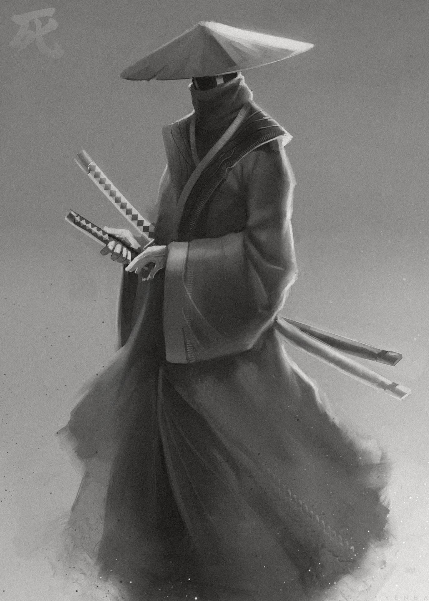 1371x1920 Download Black And White Samurai Wallpaper
