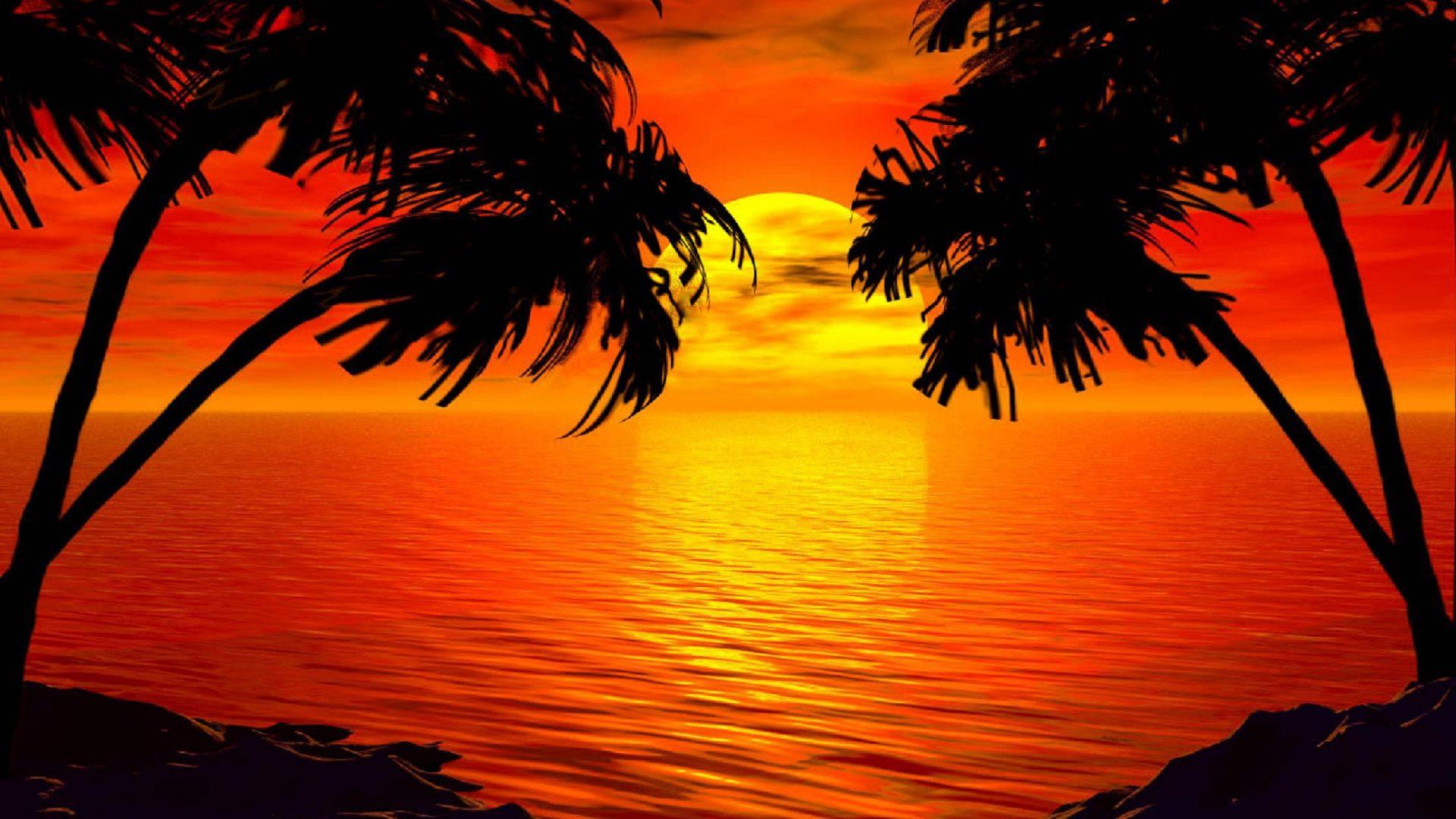 1920x1080 Paradise Sunset Tropical Island Palm Sea Red Sky Wallpaper