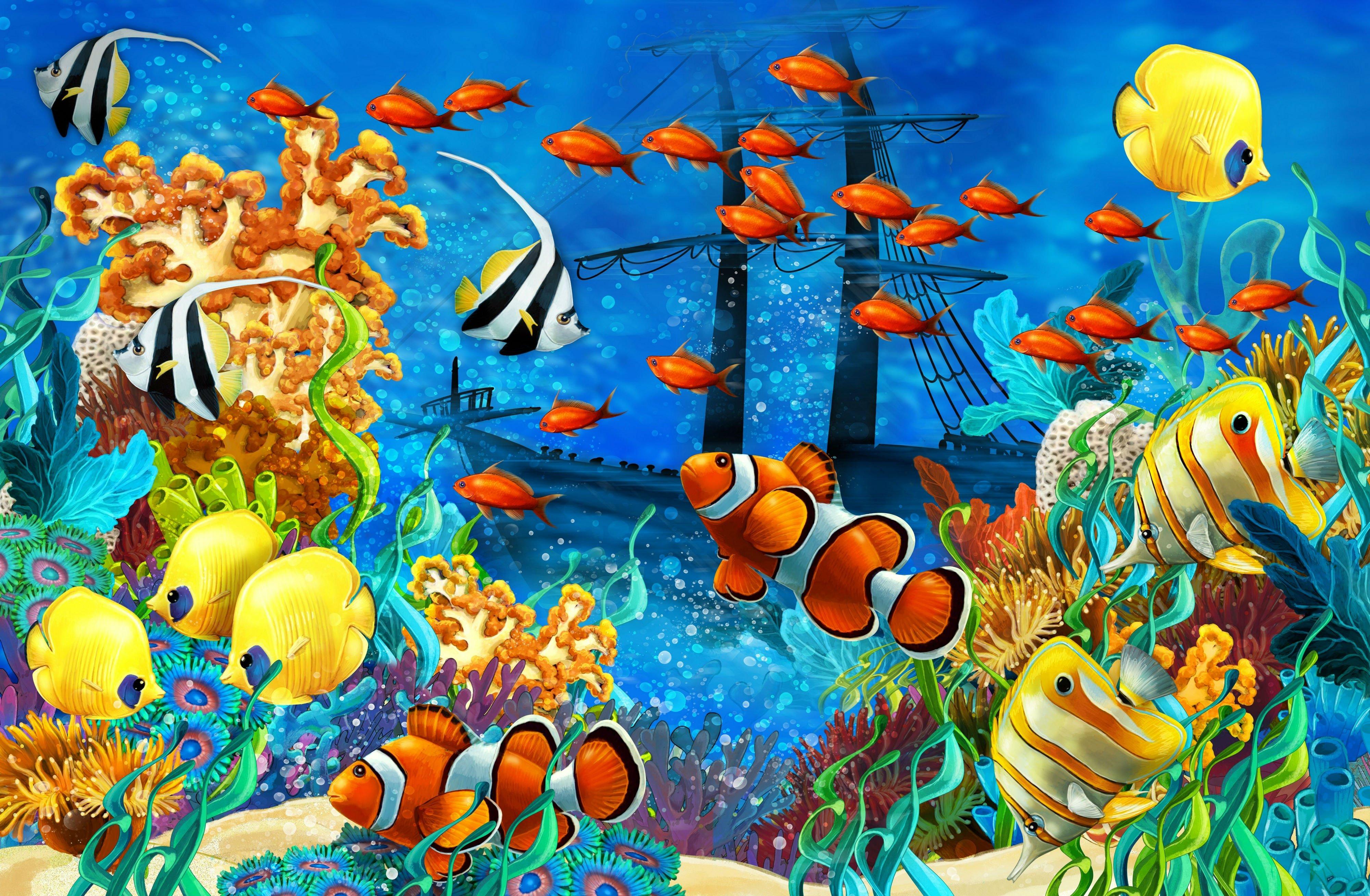 4000x2617 Shipwreck sea seabed fish corals underwater ocean tropical g wallpaperx2617
