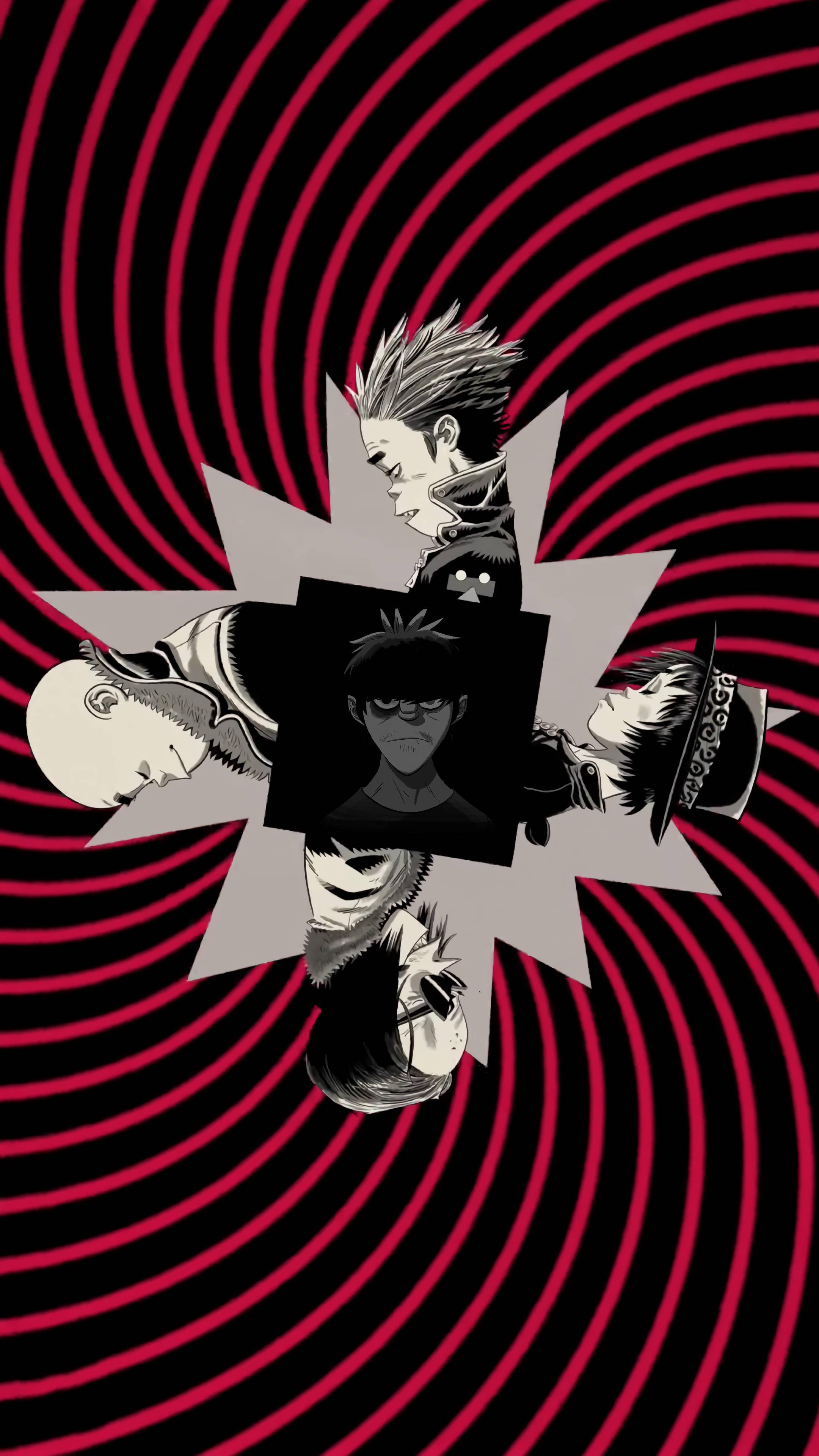 2160x3840 Download Red Black Curved Stripes Gorillaz Wallpaper