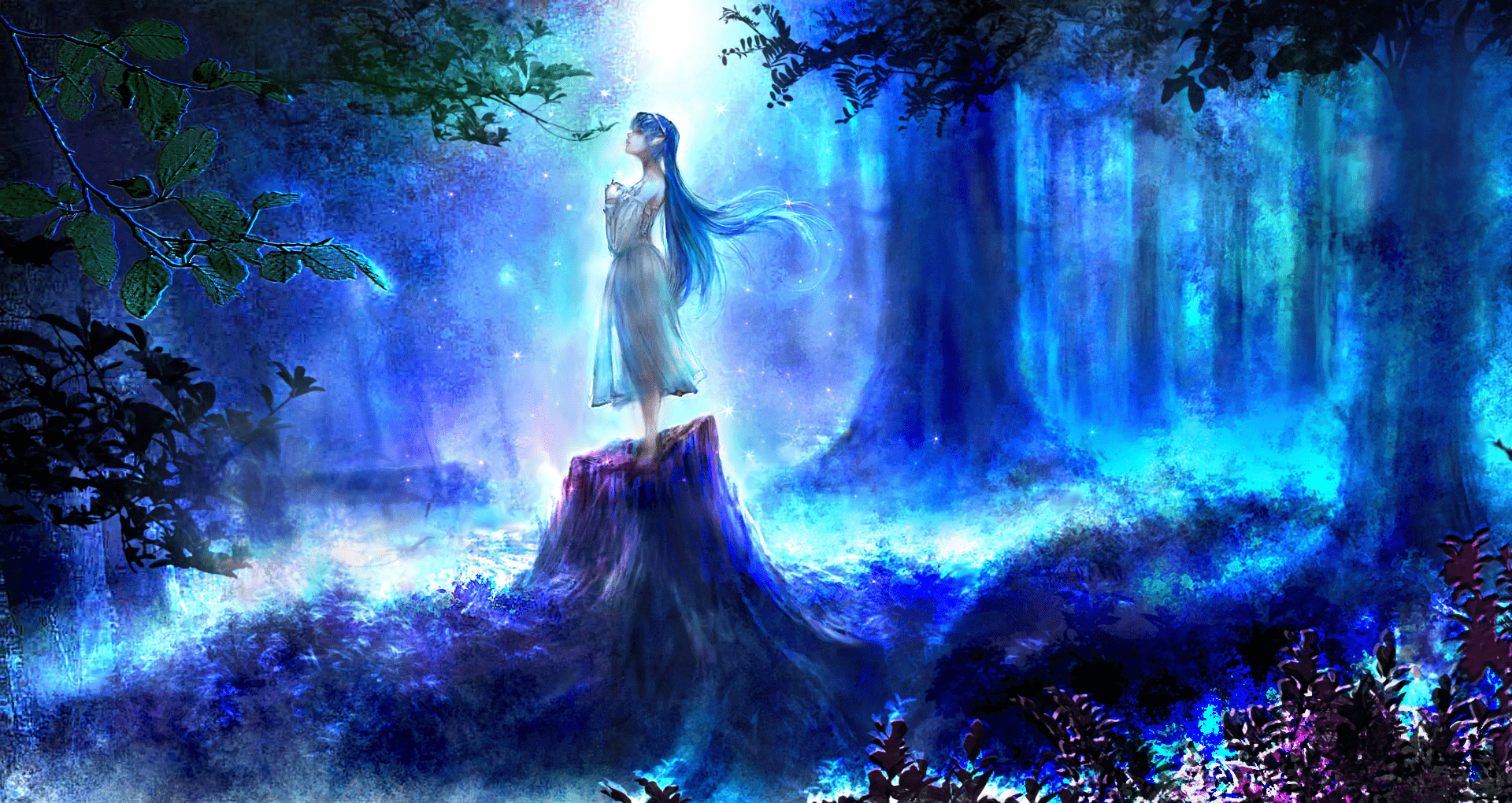 1920x1020 Girl in Night Forest