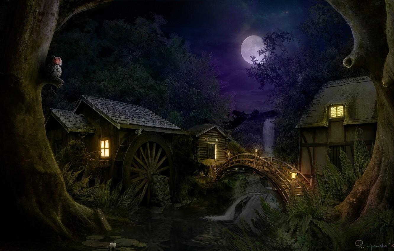 1332x850 Wallpaper forest, night, bridge, house, waterfall image for desktop, section фантастика