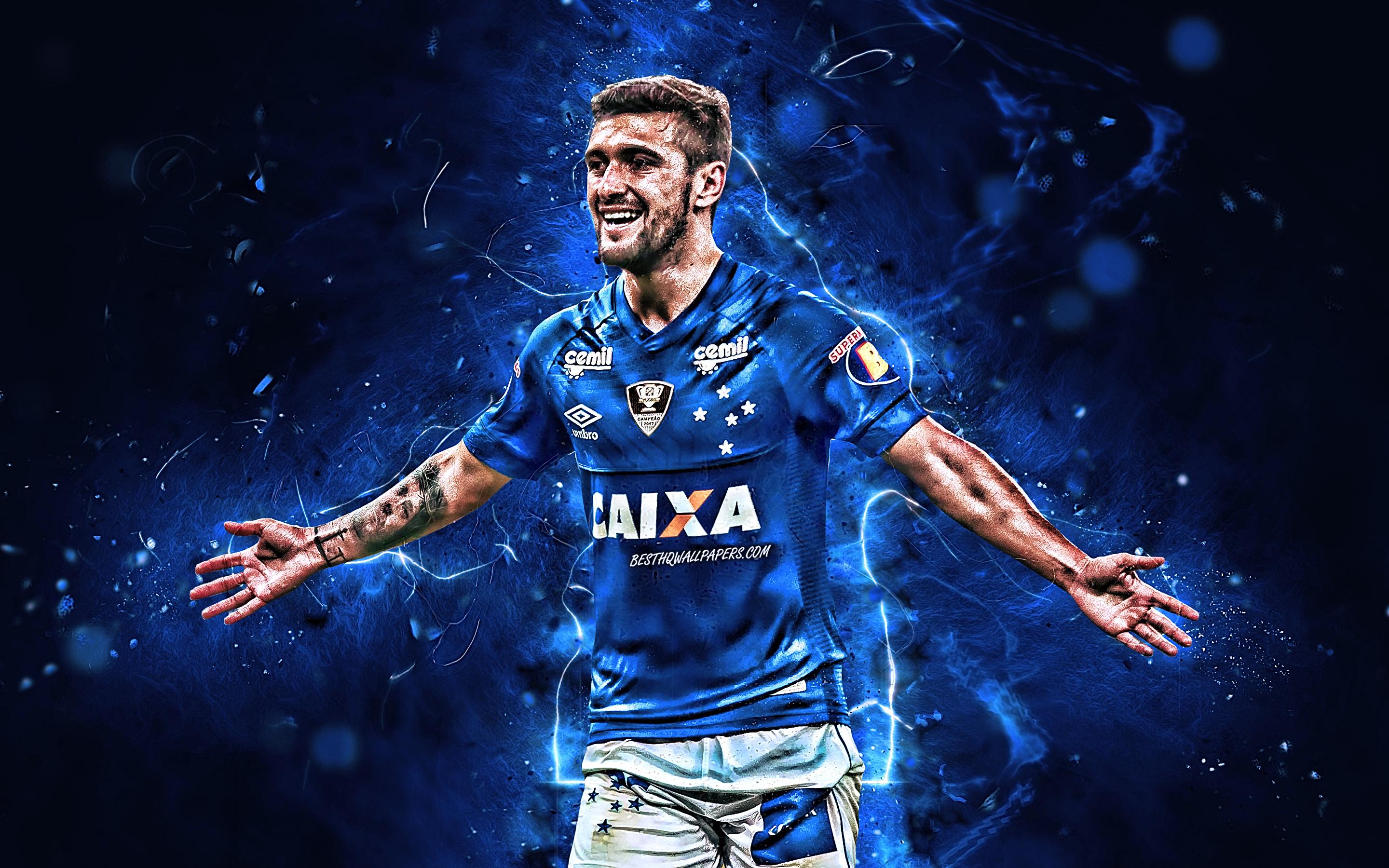 2880x1800 Download wallpaper Giorgian De Arrascaeta, joy, Cruzeiro FC, goal, uruguayan footballers, soccer, Brazilian Serie A, Giorgian Daniel De Arrascaeta Benedetti, midfielder, abstract art, neon lights, Brazil for desktop with resolution 2880x1800. High
