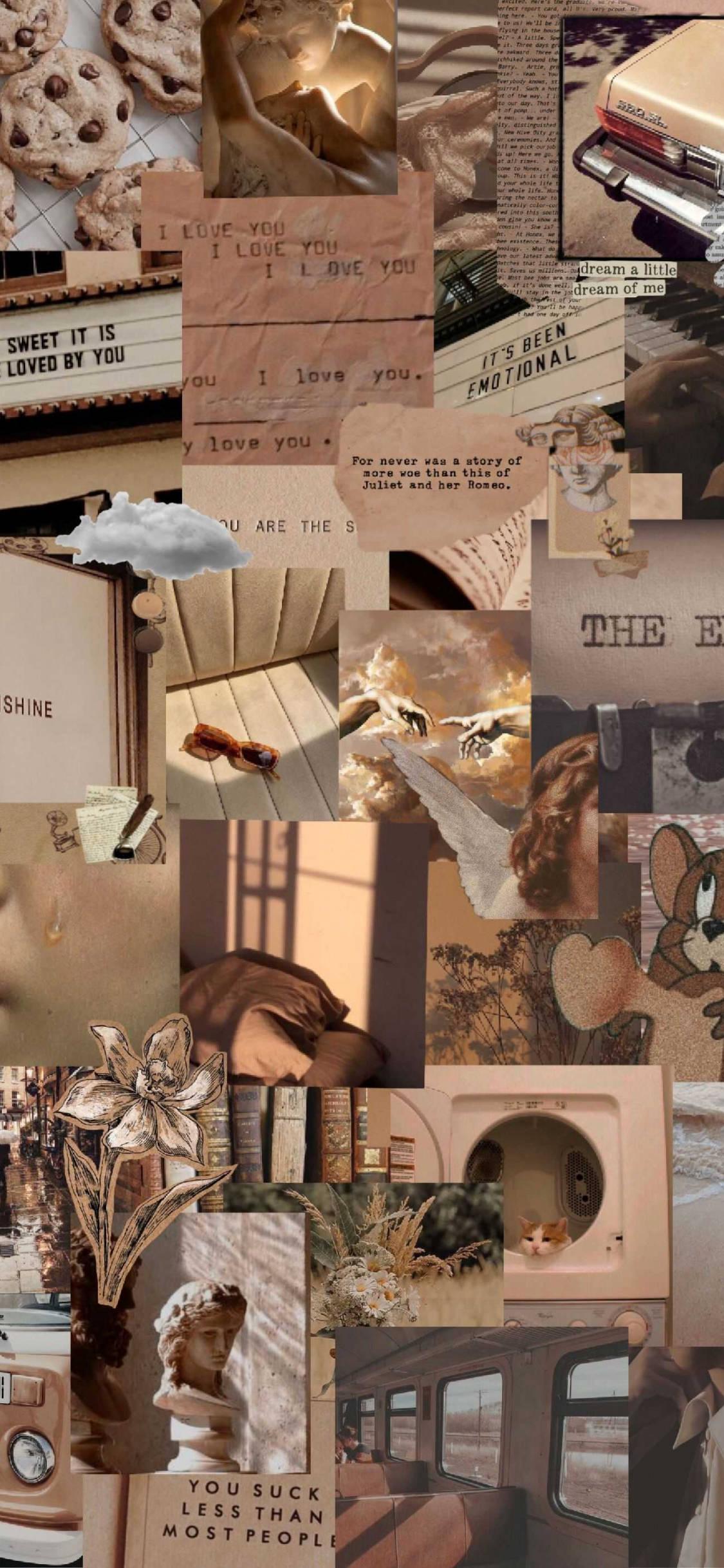 1125x2436 Download Beige Brown Aesthetic Collage Art Wallpaper