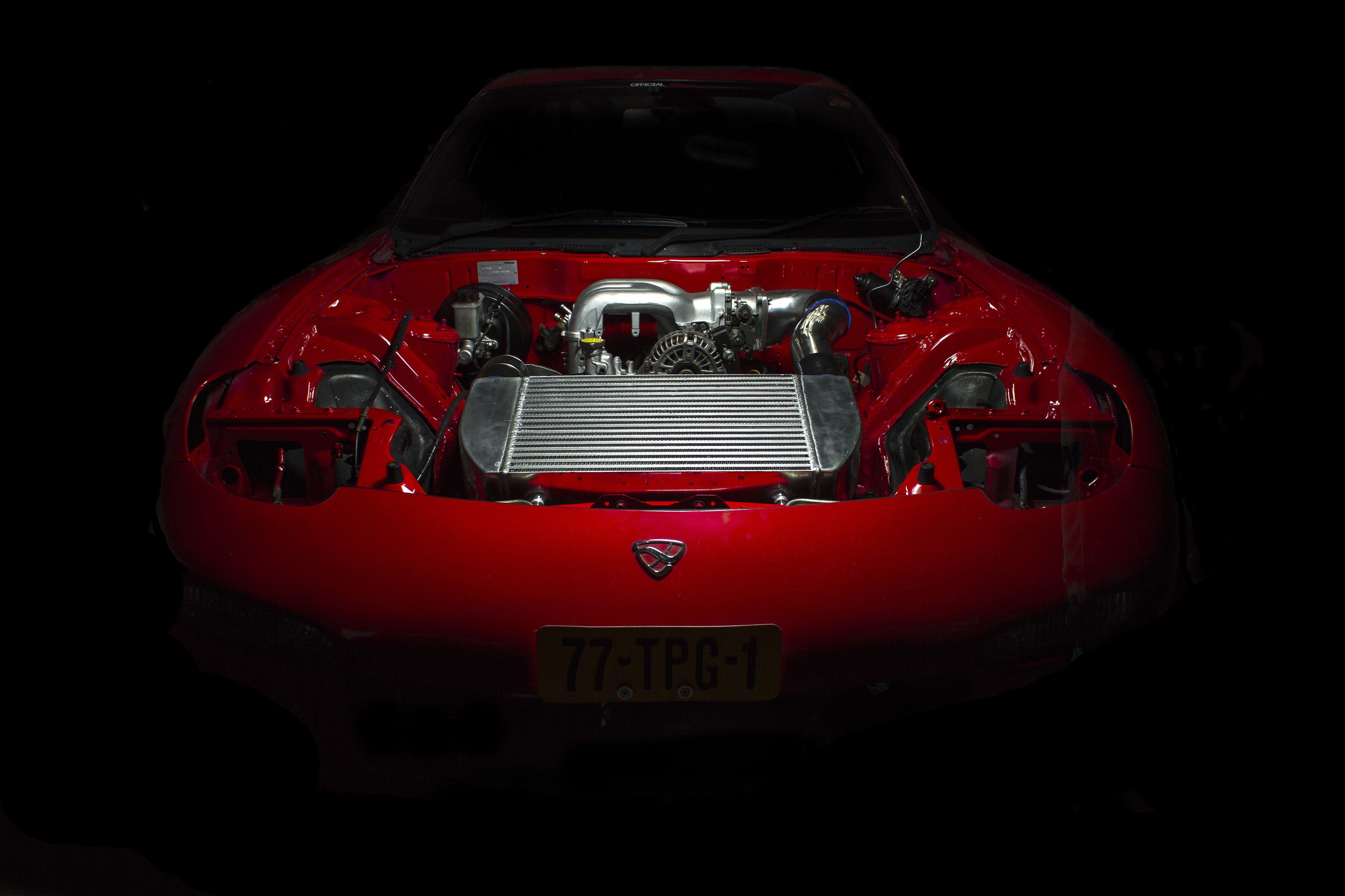 5127x3418 HD wallpaper: engine bay, car, dark, mazda rx red, black background, mode of transportation. Mazda rx Black background, Rx7