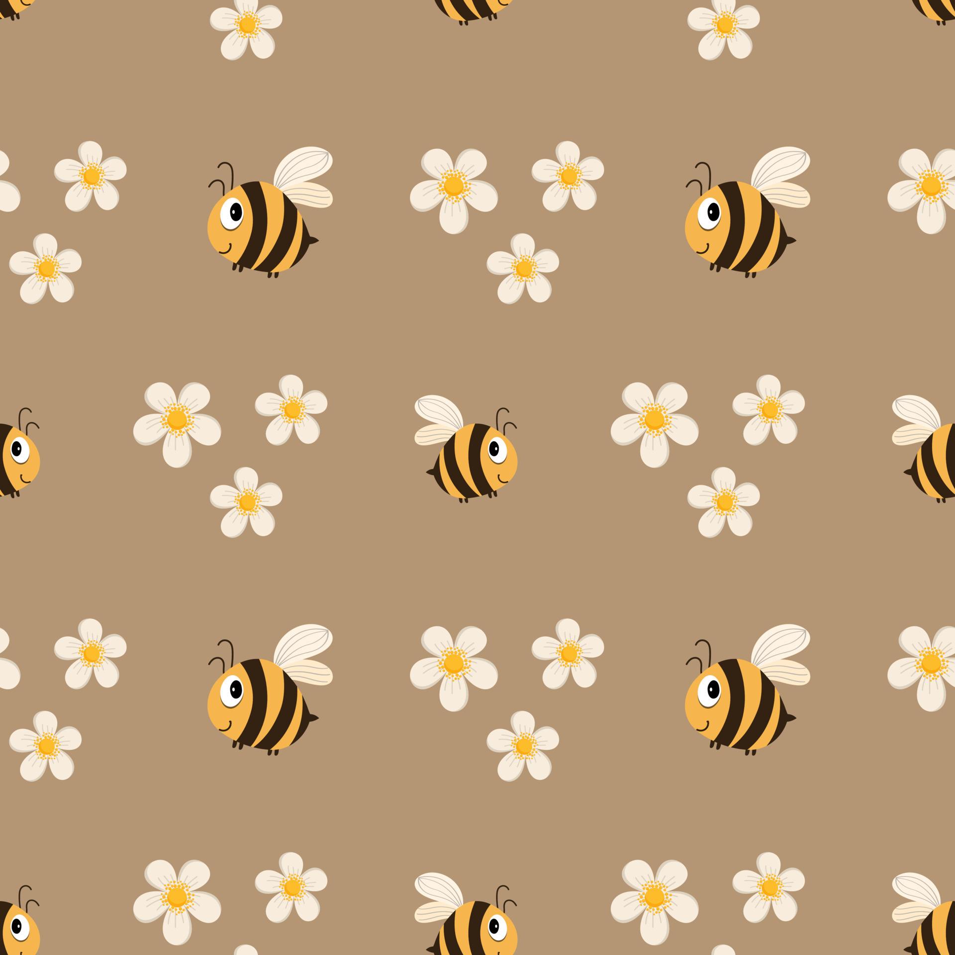 1920x1920 Seamless pattern, cute funny bees and white daisies on a beige background. Print for children, textiles, wallpaper, bedroom decor