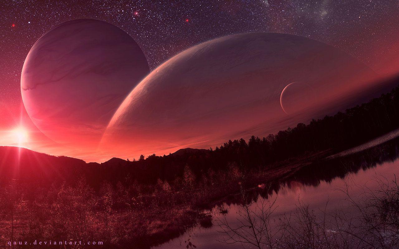 1280x800 Warm Sunset of Another World. Planets in the sky, Space art, Planets wallpaper