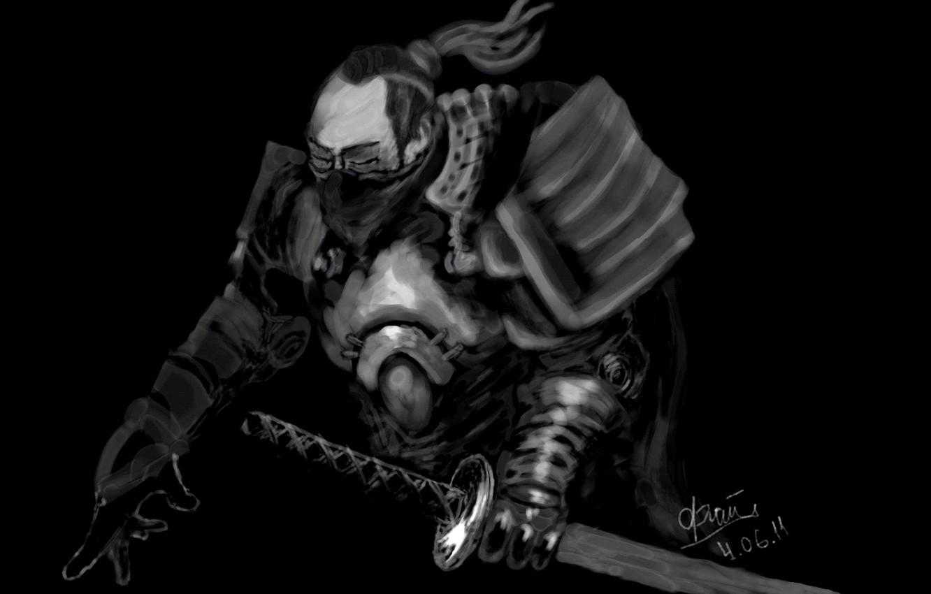 1332x850 Wallpaper katana, Samurai, black background, dark image for desktop, section живопись