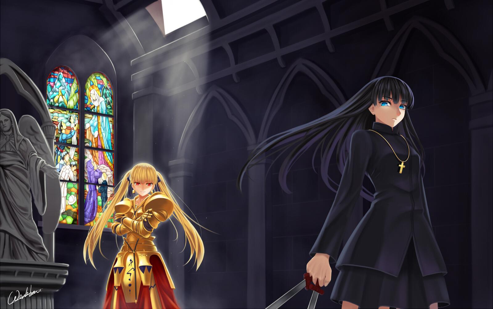 1600x1002 Armor black hair blonde hair fate stay night fate zero genderswap gilgamesh kotomine kirei signed werkbau wallpaperx1002