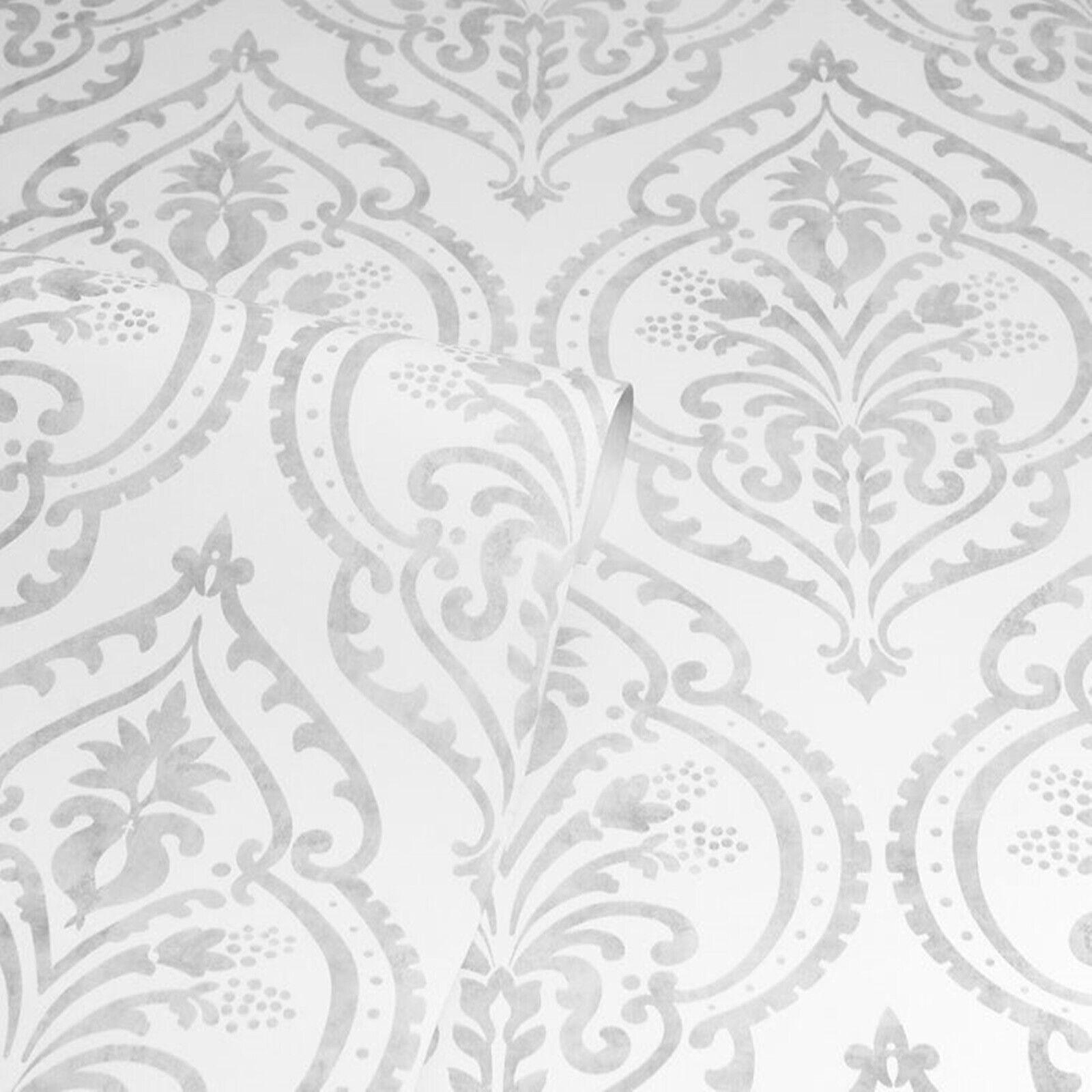1600x1600 Arthouse White Silver Grey Moroccan Damask Textured Heavy Vinyl Wallpaper Exotic