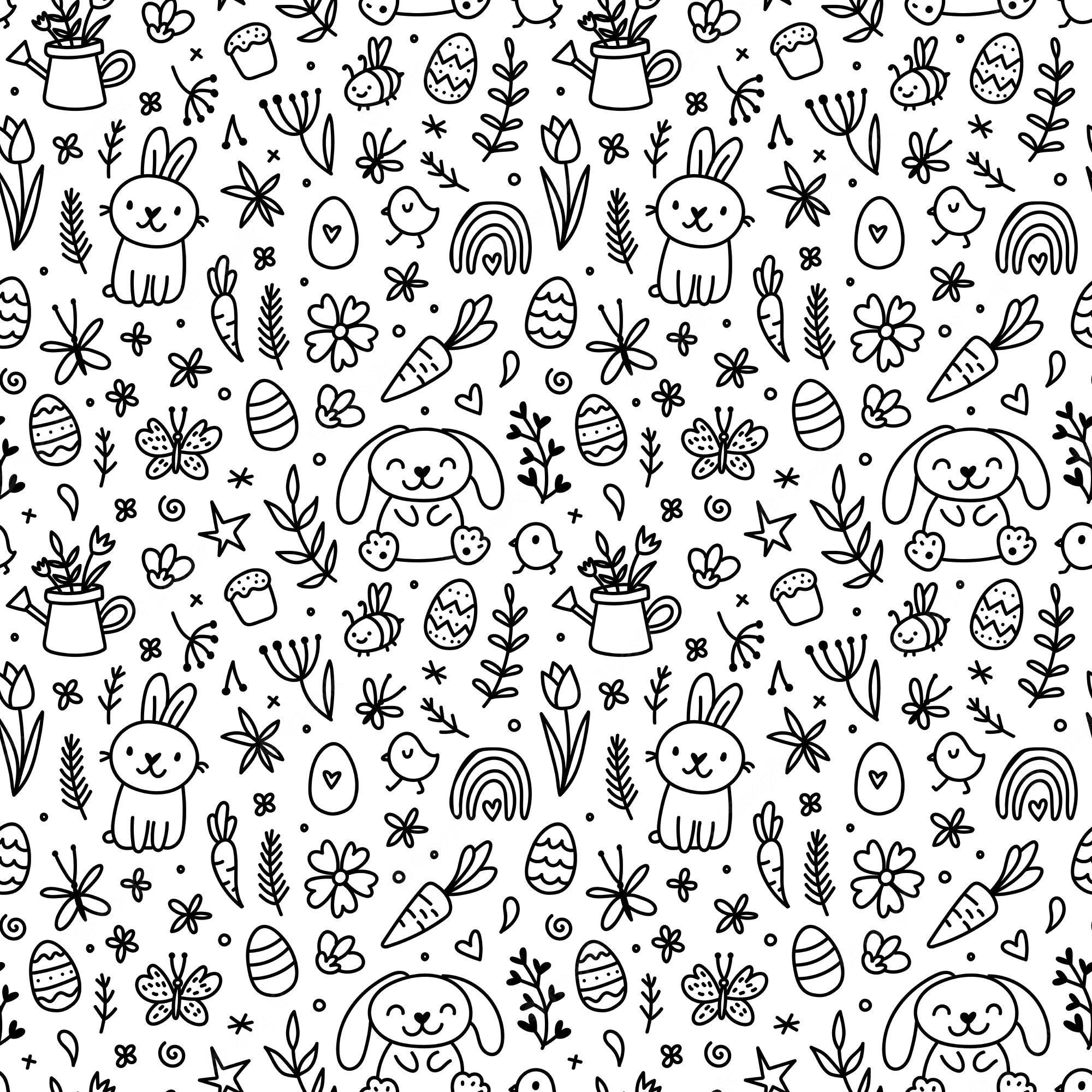 2000x2000 Premium Vector. Cute hand drawn doodle easter seamless pattern with bunnies, flowers, easter eggs. beautiful black and white background for cards, banner, textiles