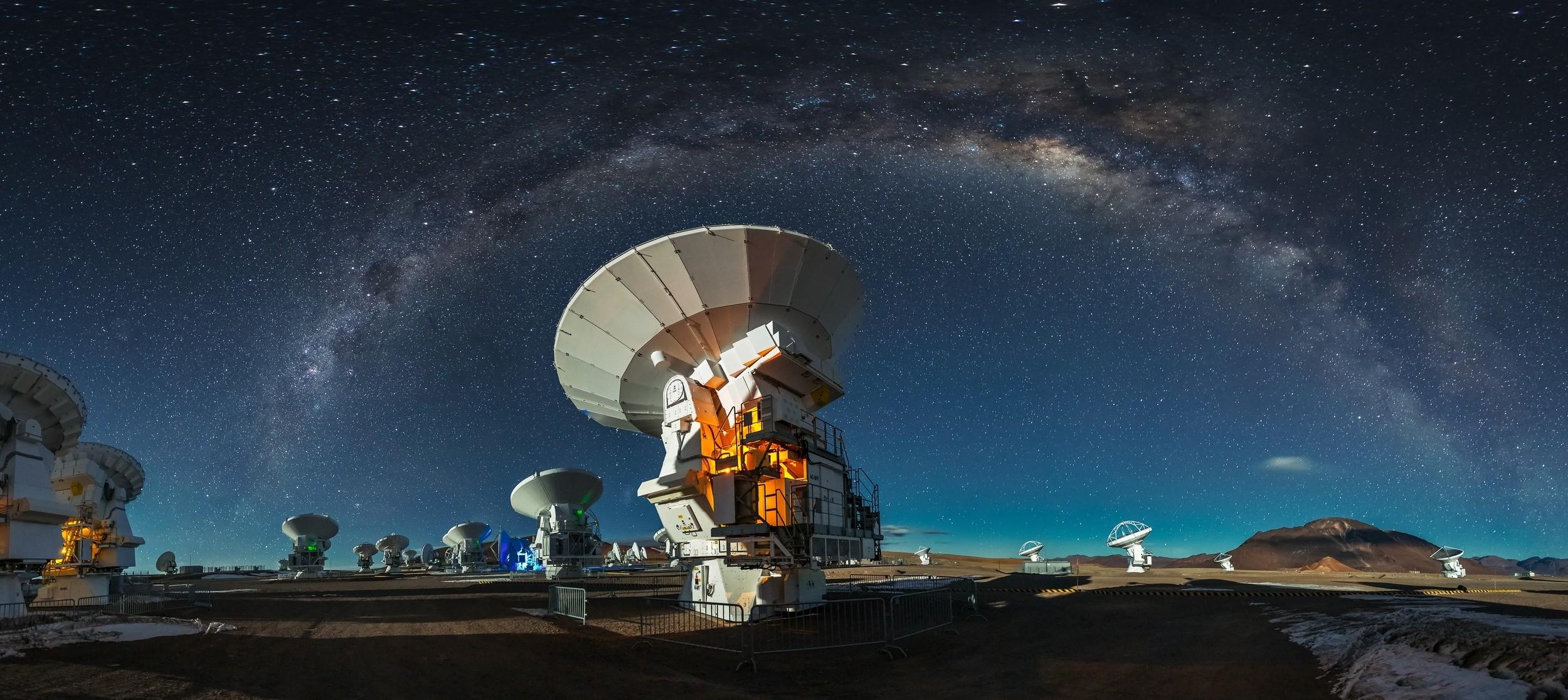2500x1116 photography, Landscape, Nature, ALMA Observatory, Atacama Desert, Milky Way, Astronomy, Starry Night, Galaxy, Long Exposure, Technology, Chile Wallpaper HD / Desktop and Mobile Background
