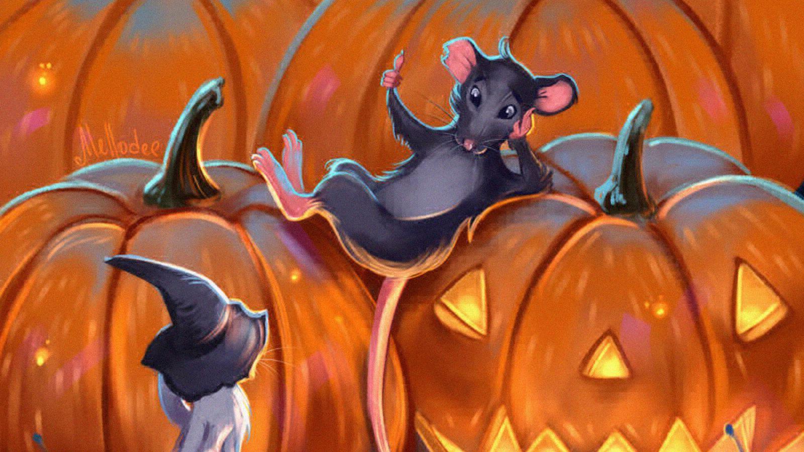 1600x900 Download wallpaper 1600x900 mouses, pumpkin, art, halloween, night widescreen 16:9 HD background