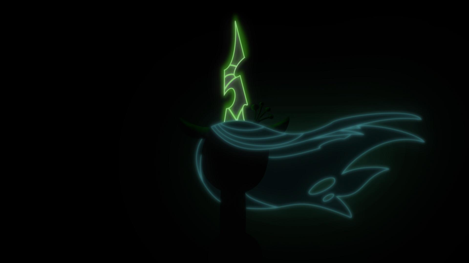 1920x1080 safe, artist:muffinsforever, character:queen chrysalis, species:changeling, species:pony, black background, bust, changeling queen, dark, female, flowing mane, glow, glowing horn, horn, lineart, magic, mare, minimalist, modern art, neon
